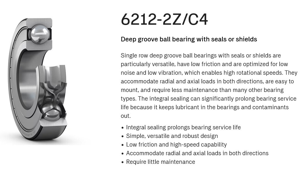 1 NEW SKF 6212-2Z/C4 RADIAL DEEP GROOVE BALL BEARING NIB ***MAKE OFFER***