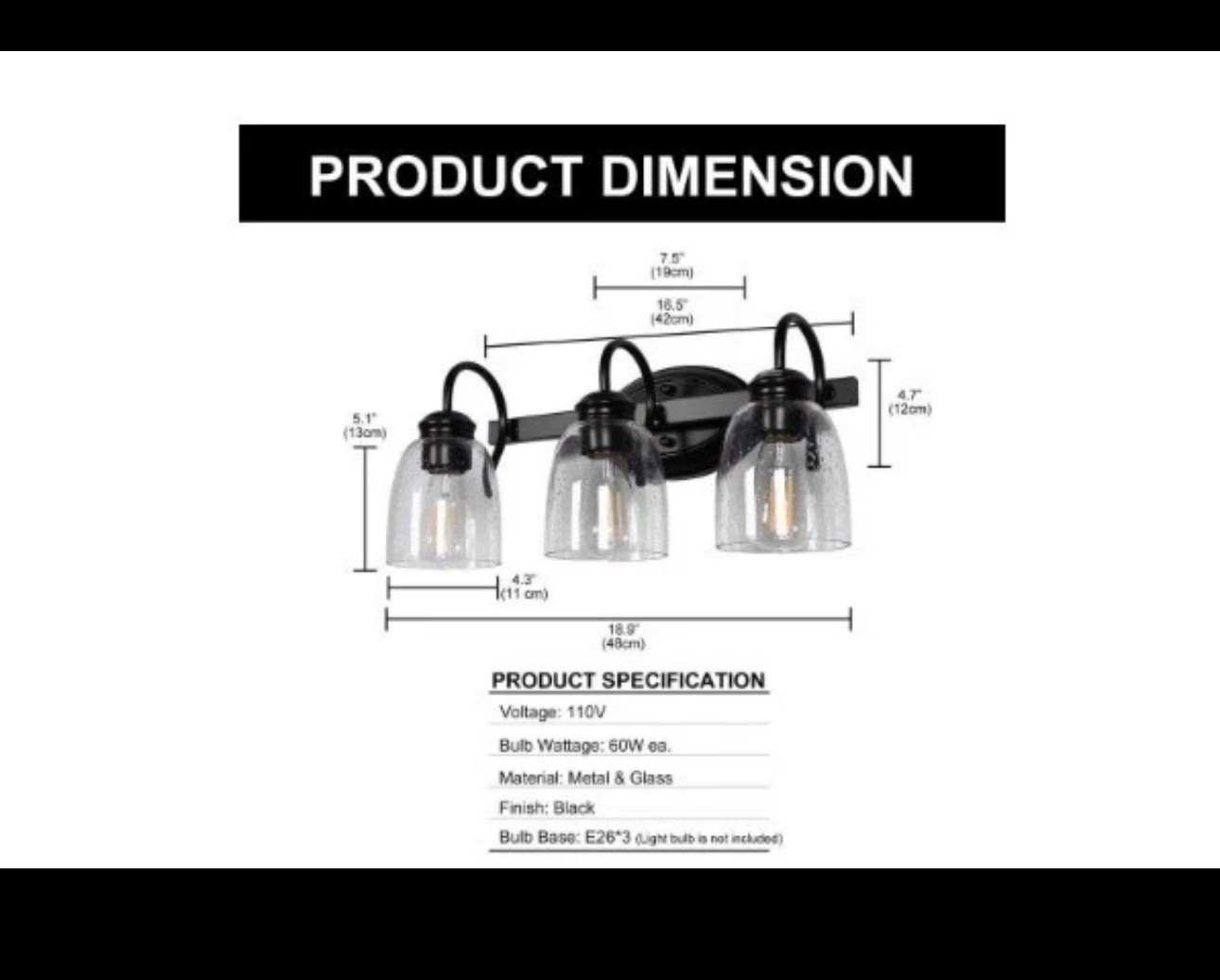 YANSUN 18.89 in. 3-Light Matte Black Vanity Light w/ Seeded Shades