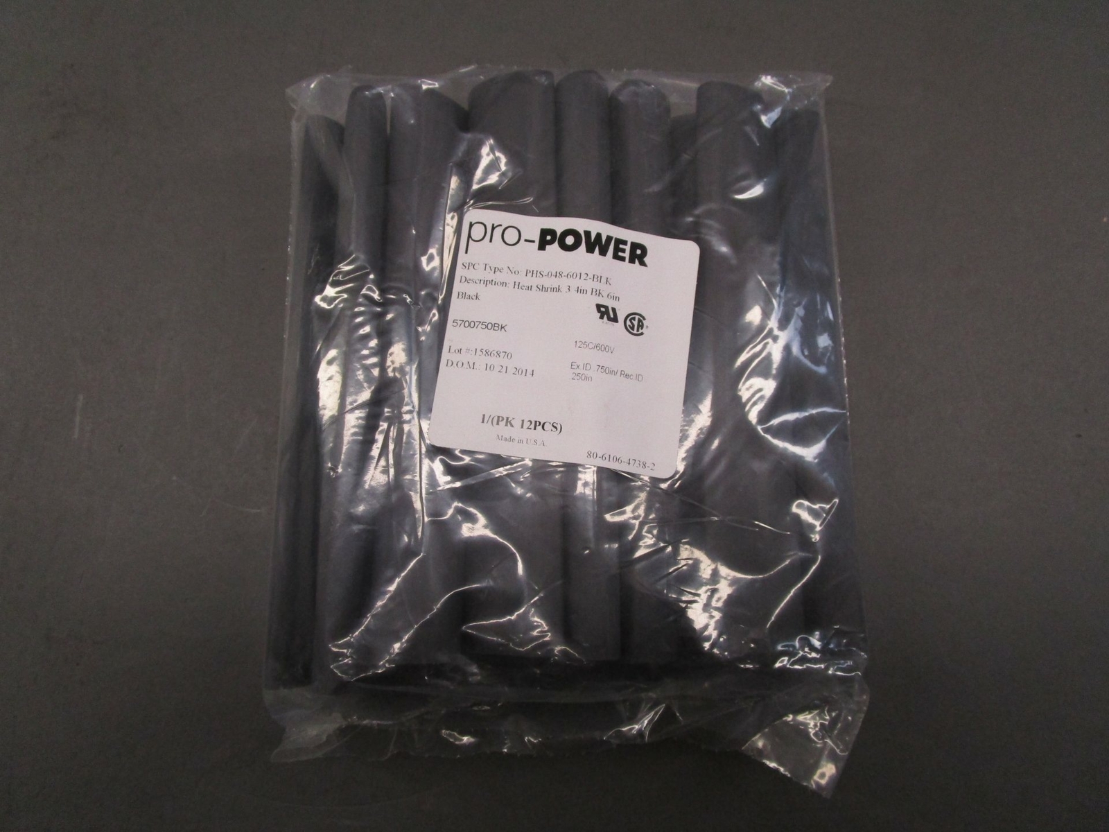 *Pack of 12* Pro-Power SPC PHS-048-6012-BLK Heat Shrink Tubing 3/4″ BK – NEW …