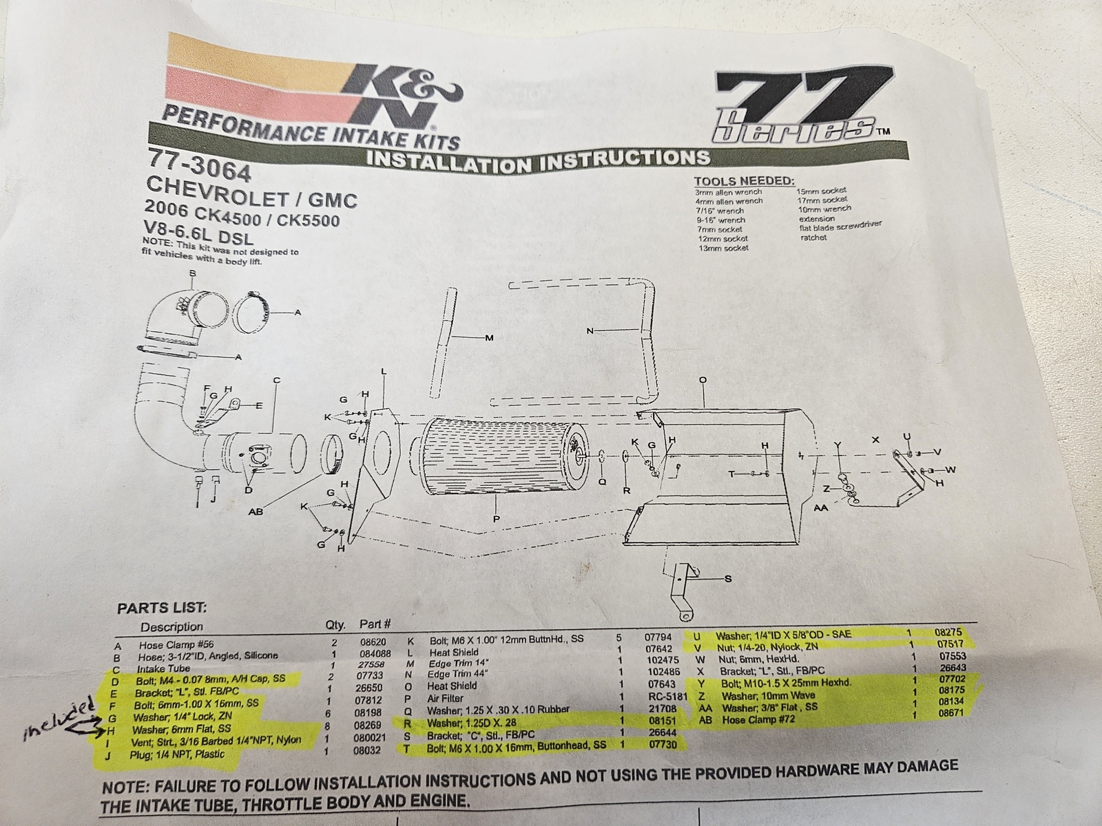 K & N 77-3064 CHEVROLET/GMC AIR INTAKE