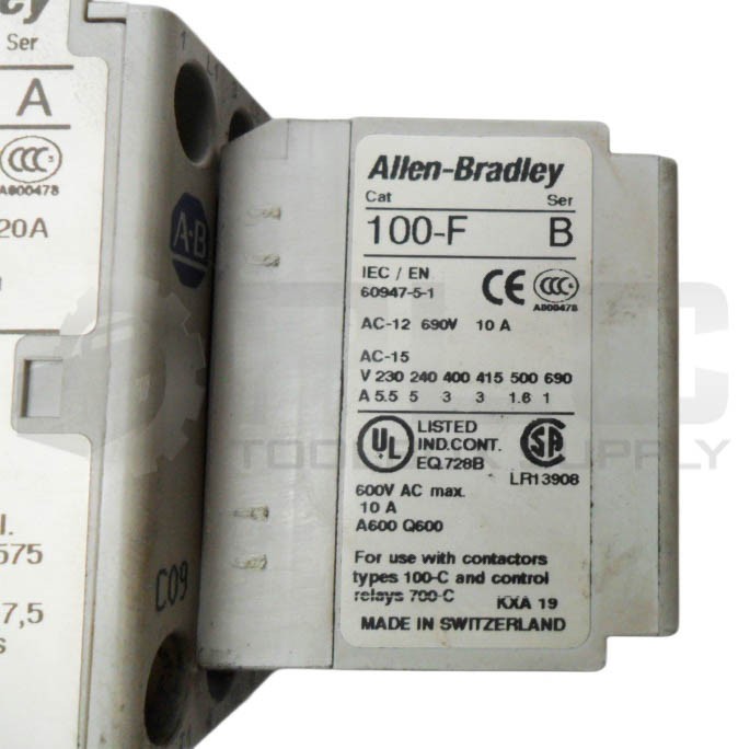 ALLEN BRADLEY 140M-C2E-C10 /C CIRCUIT BREAKER W/ 100-C09*10 /A W/ 100-F /B