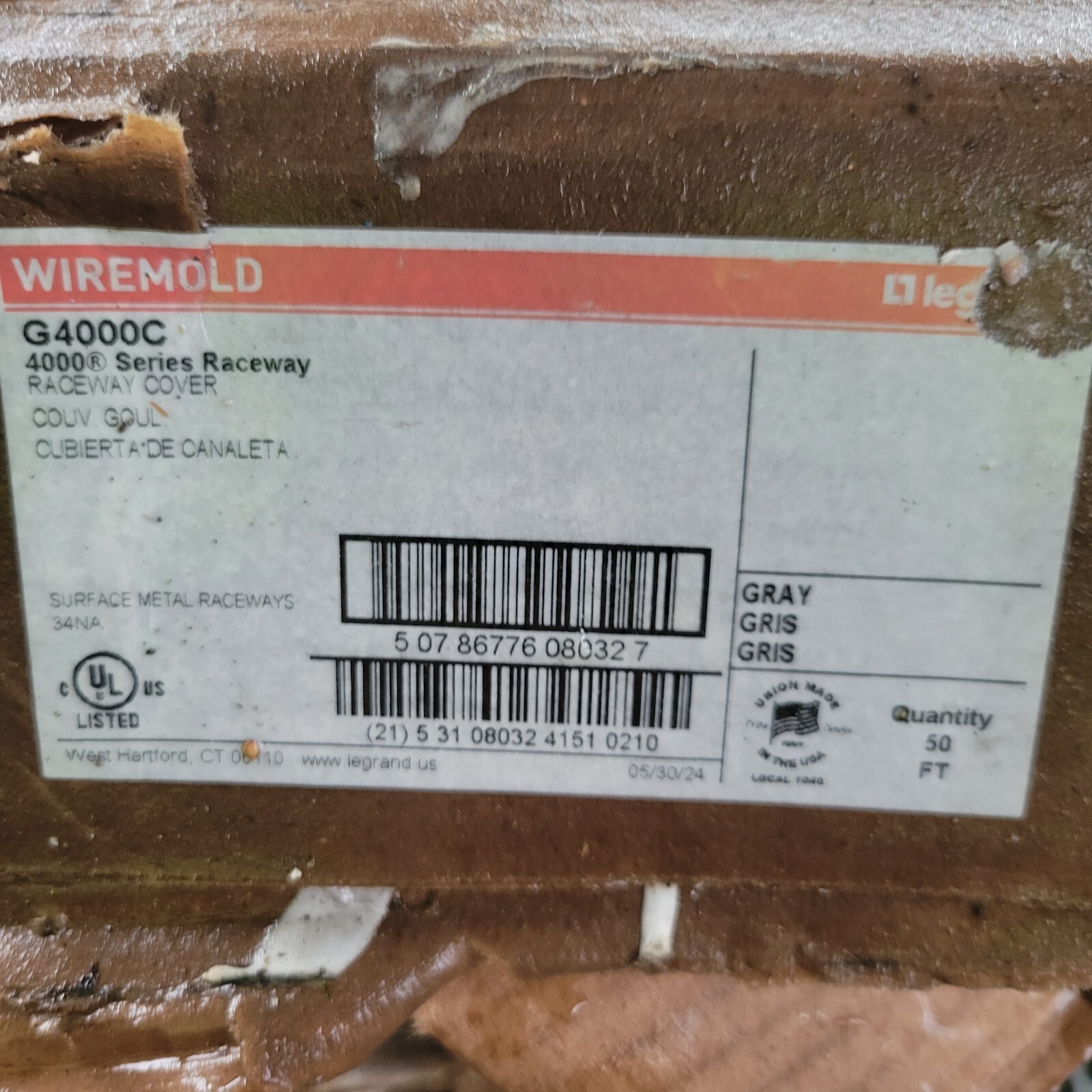 (10) Wiremold G4000C Raceway Cover, 4000 Series, Gray, 4-3/4″ x 5′ Total 50’/box
