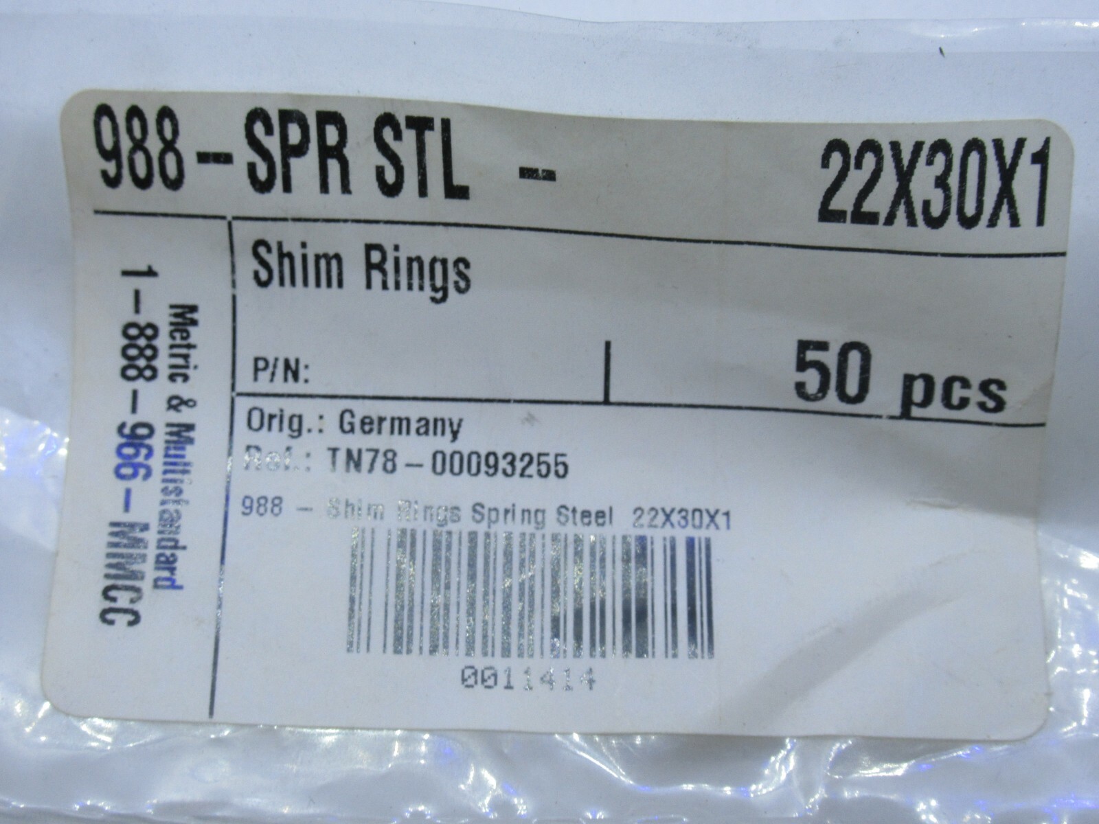 (NEW – Lot of 50) MCMASTER CARR SUPPLY 988-SPR STL 22X30X1 Shim Rings