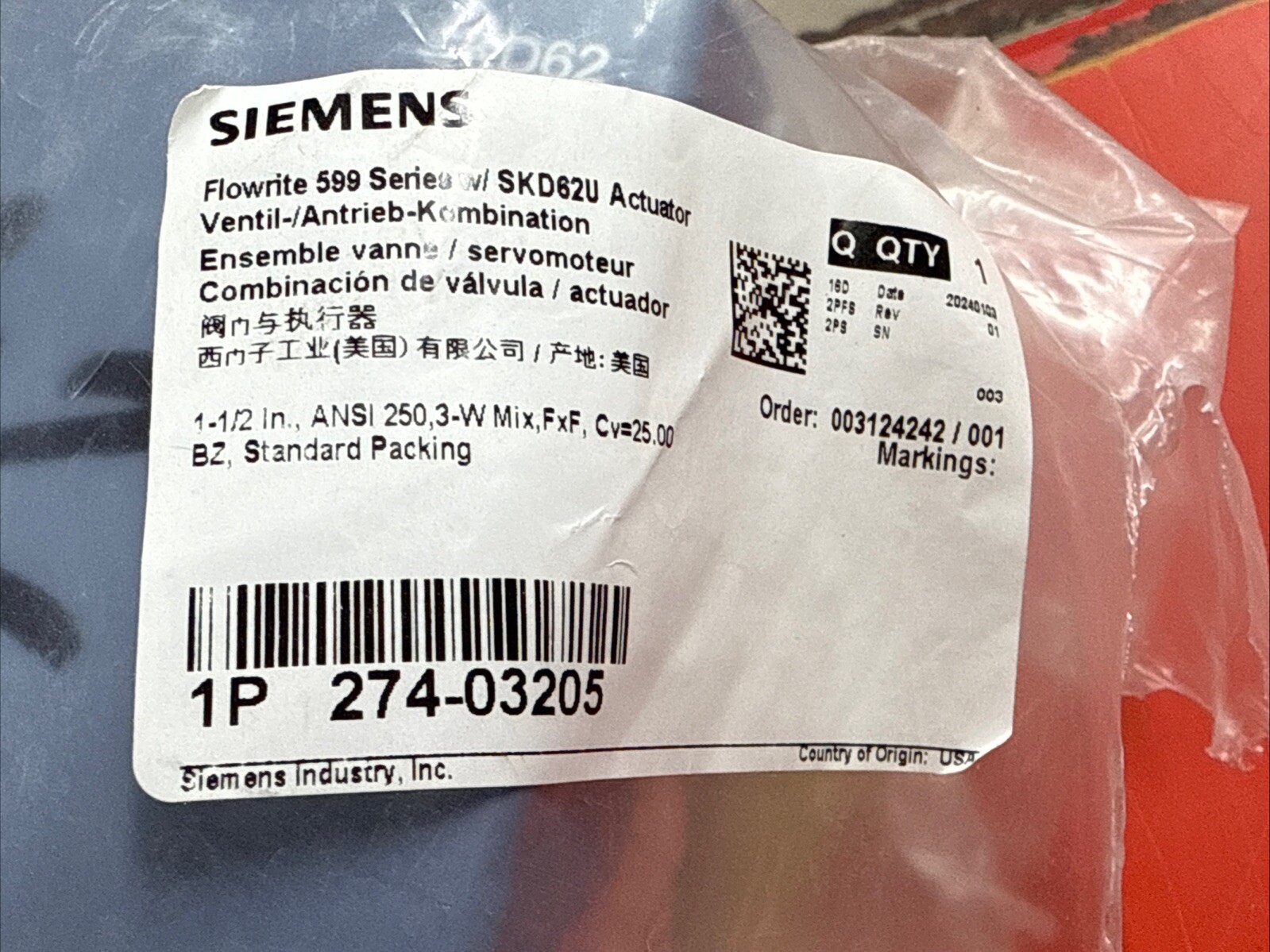 Siemens 274-03205 Flowrite 599 Series Valve 1-1/2 Inch 25 Cv 599-03205 SKD62U