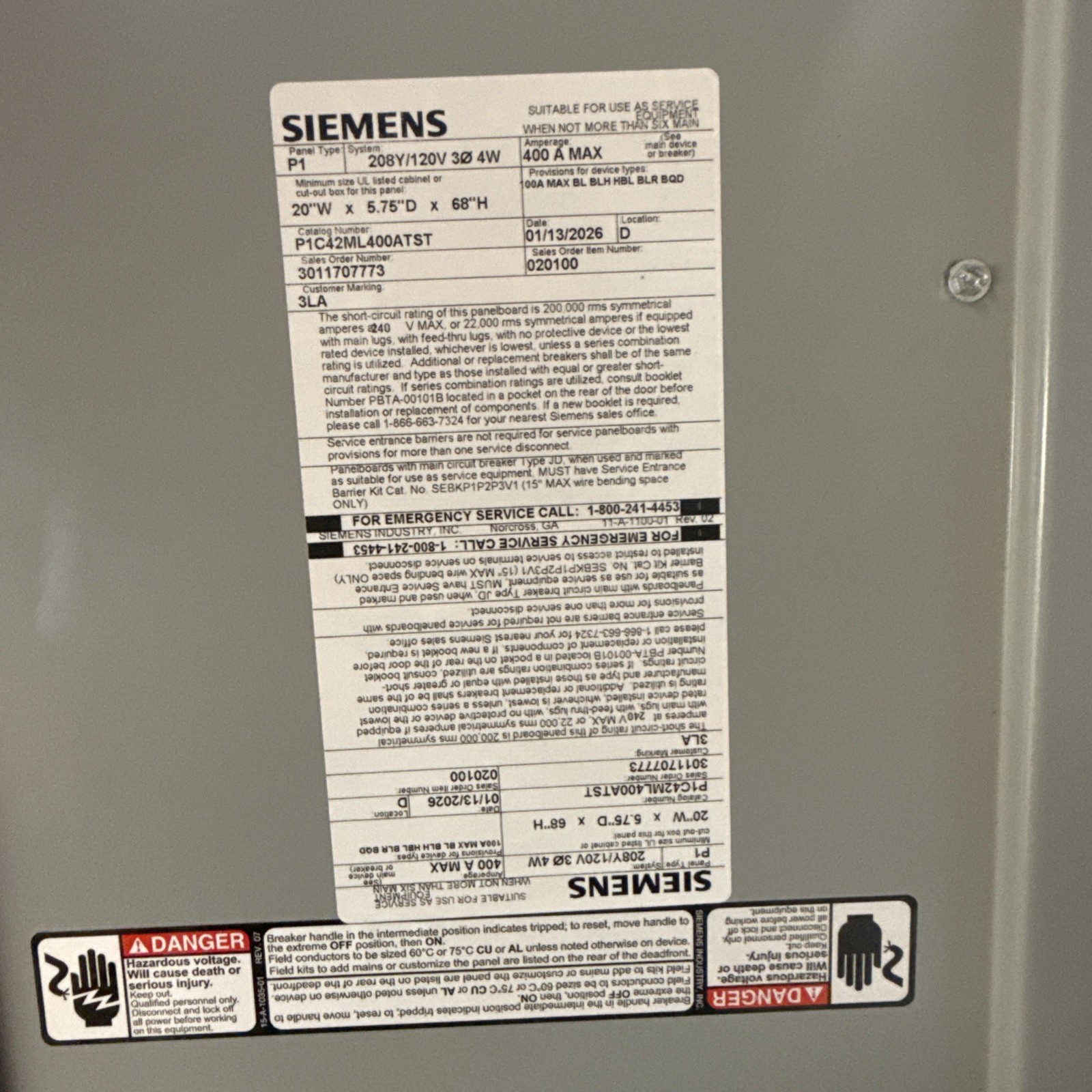 Seimens P1C42ML400ATST 300 Amp Main Breaker Panel With Circuit Breakers Include