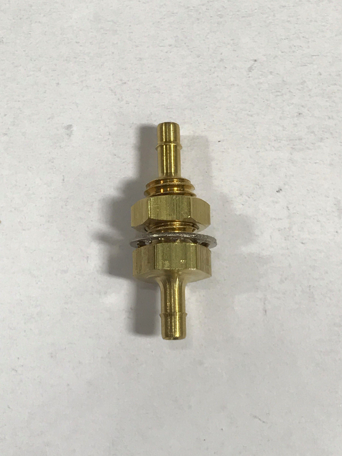Brass bulkhead fitting, 10-32 UNF thread to 1/16 ID tubing barb both ends