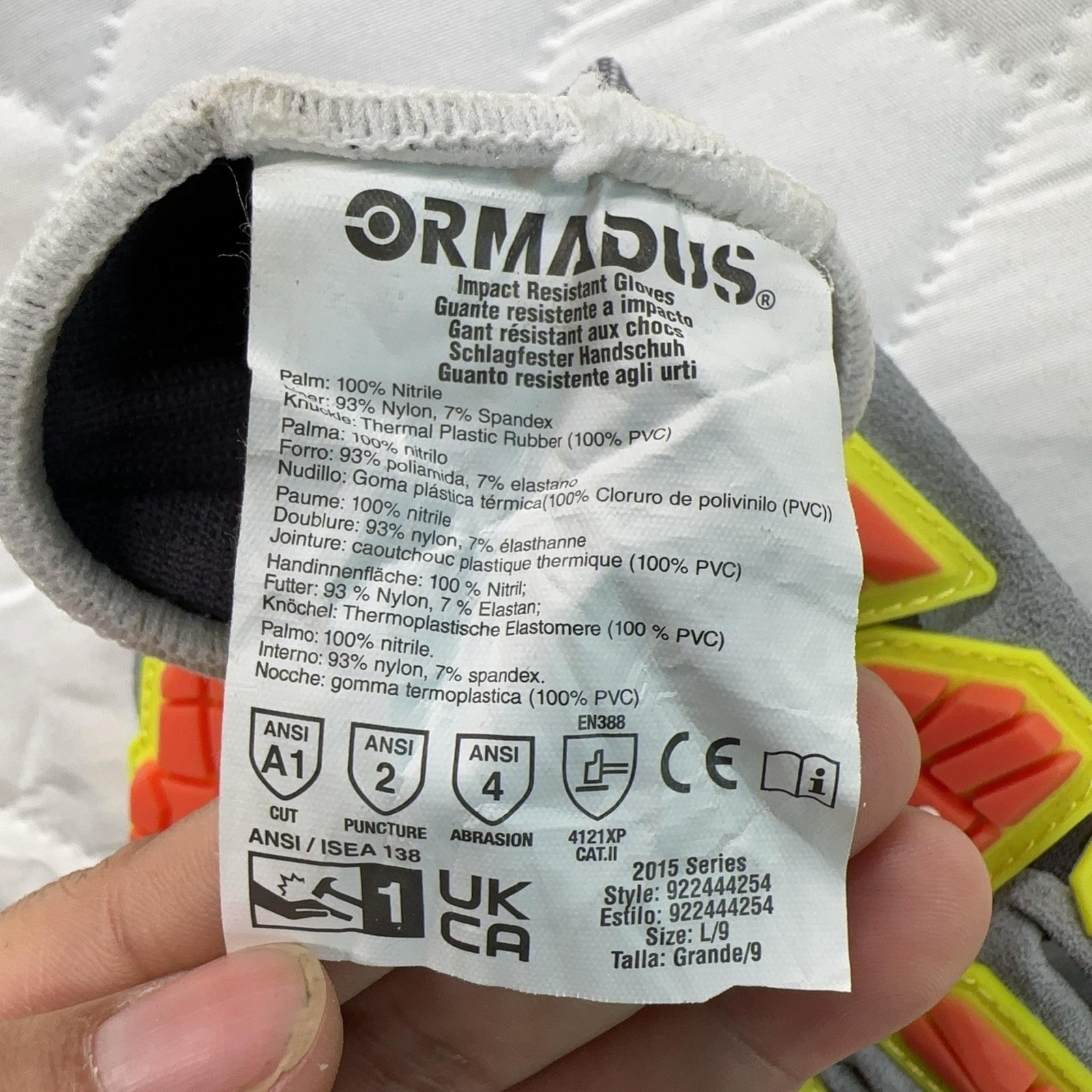 ORMADUS Impact Resistant Work Gloves Large L/9 Gray Hi-Vis Red Yellow ANSI A1