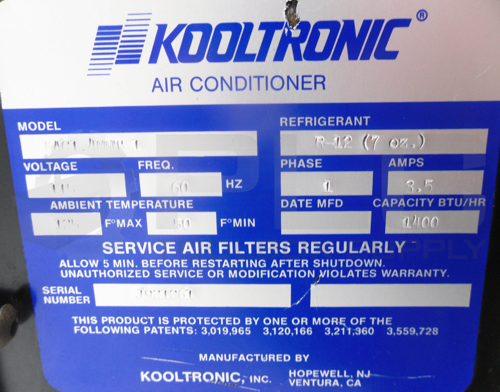 KOOLTRONIC KAC1.4MMT-1 AIR CONDITIONER 115V 60Hz 3.5AMPS PHASE 1 *READ*