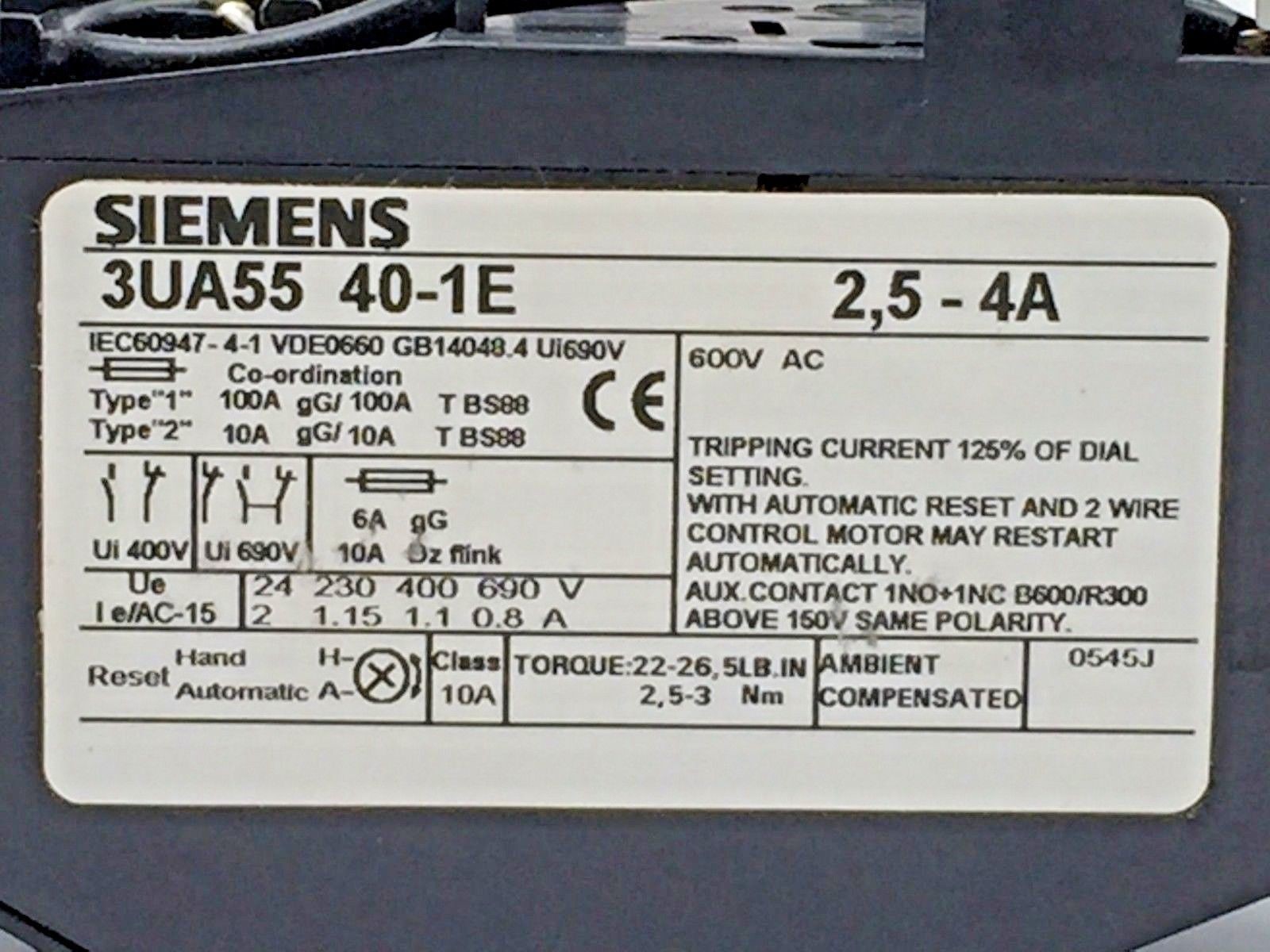 Siemens 3UA55 40-1E Overload Relay World Series Type 3UA rated for 2.5-4 Amps