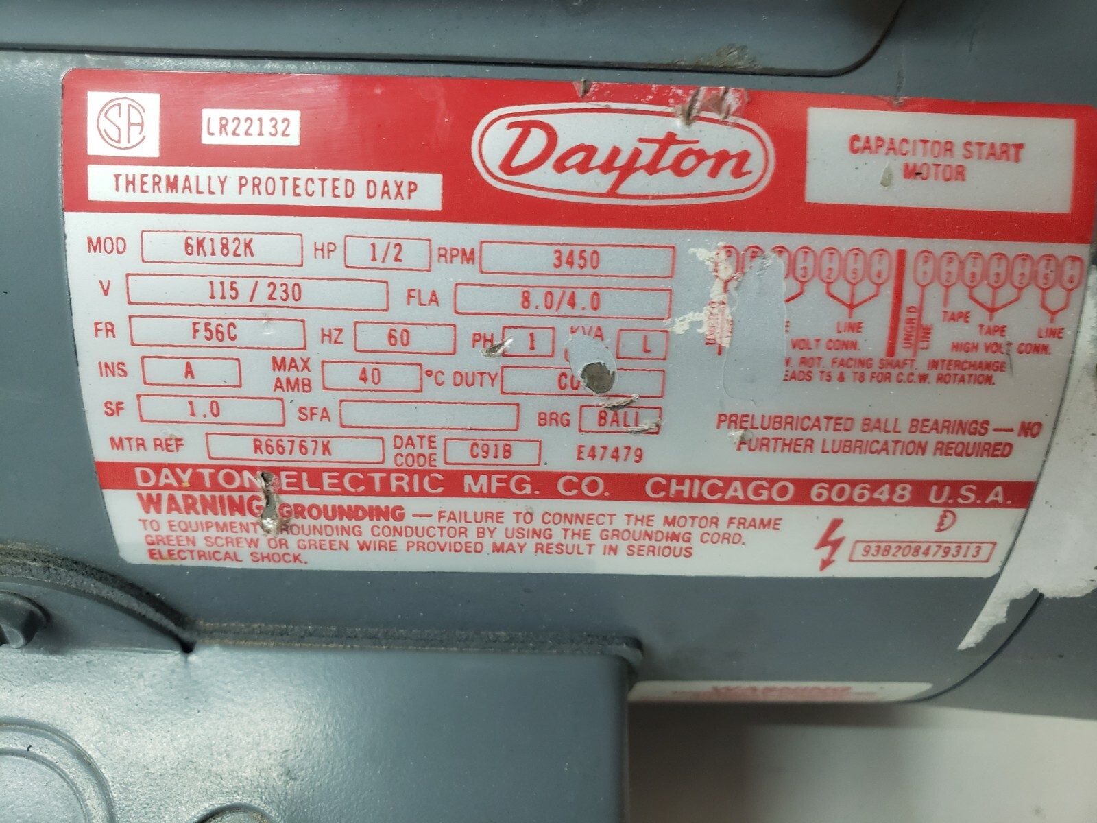 DAYTON 6K182K INDUSTRIAL MOTOR 1/2 HP 3450 RPM 1 PHASE