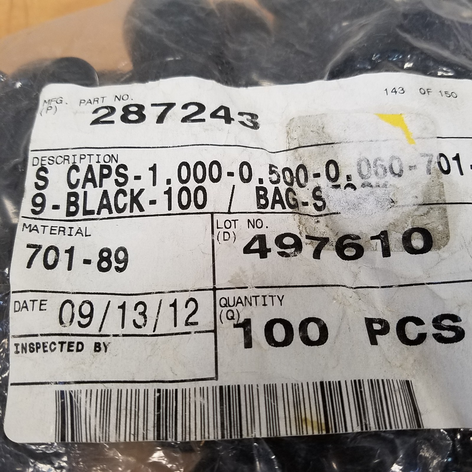 287243, 1.000″ x 0.500″ Black Short Cap, 100 Count Bag – NEW