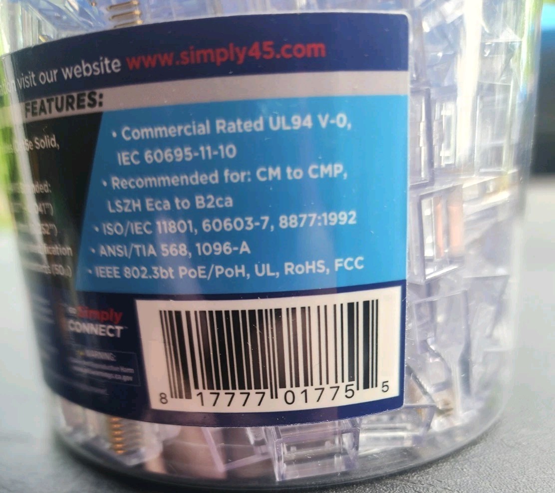 Simply45 S45-1500 Cat5E Unshielded Pass-Through RJ45 Modular Plugs 100 pc/Jar