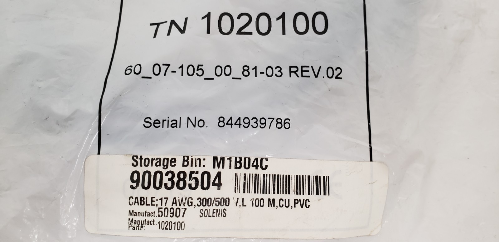 TN 1020100 CABLE, 17 AWG, 300/500 V.L. 100 M,CU,PVC, 60_07-105_00_81-03, NIB