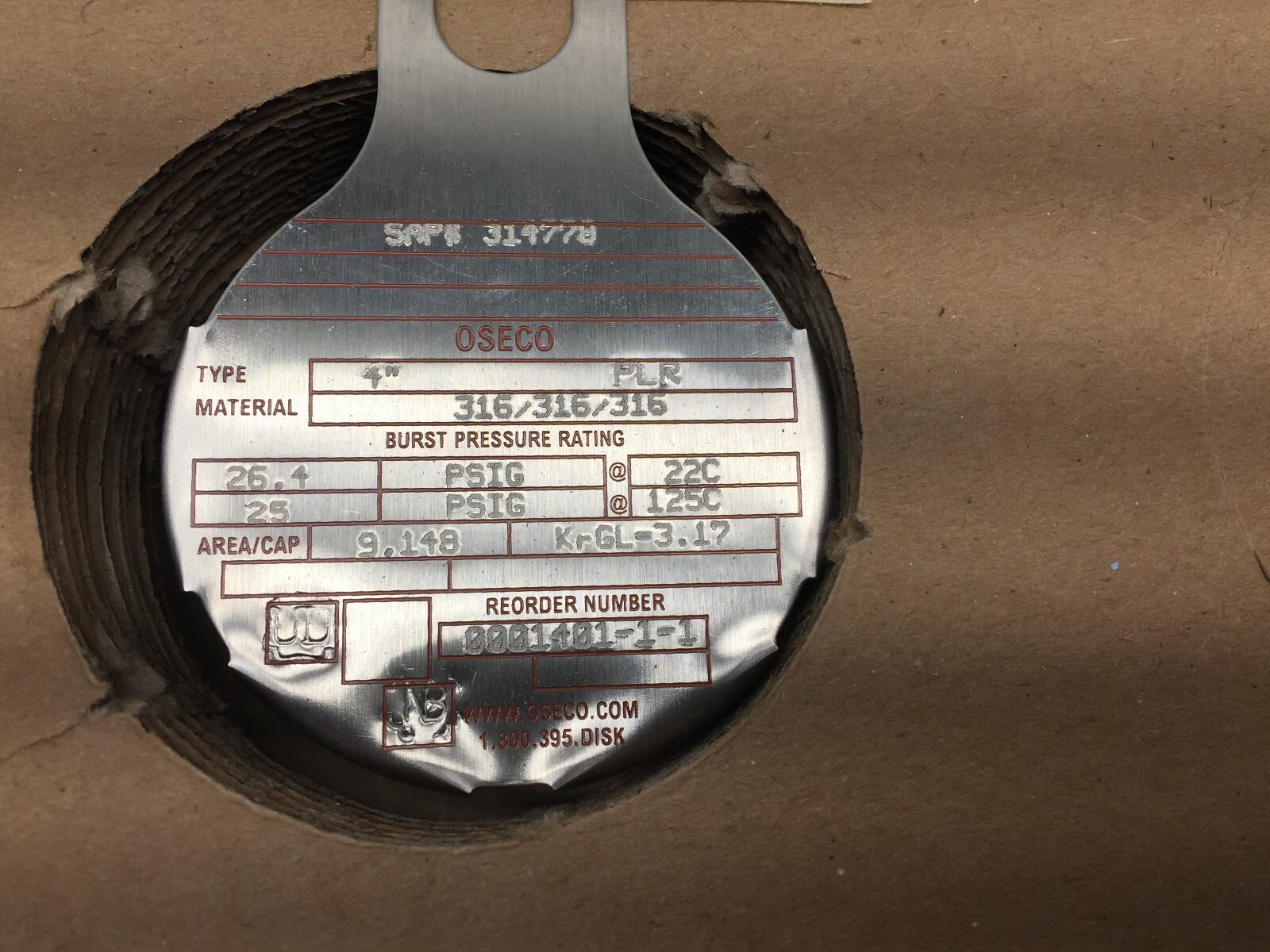 NEW IN BOX OSECO PLR 4″ 316SS 26.40PSIG RUPTURE DISK 314778 / 1401-1-1