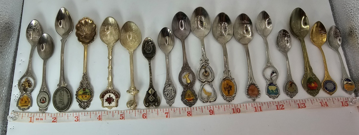 Lot of 18 Souvenir Mini Spoons-States, Places, Countries-Silver Plated, Brass