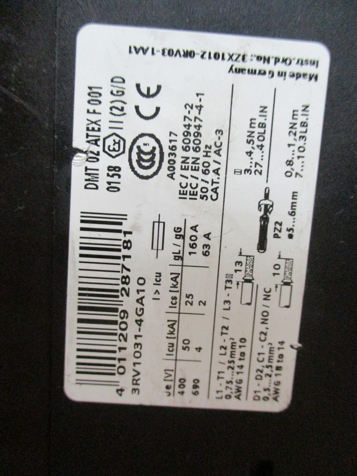 Siemens 3RV1031-4GA10 Sirius Motor Starter 3RV10314GA10 Chipped Corner