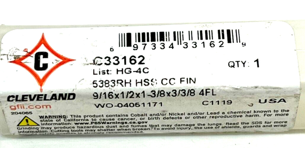 CLEVELAND C33162 END MILL 9/16″ OAL 3-3/8″ USEABLE LENGTH 1-3/8′ 4 SPIRAL FLATE
