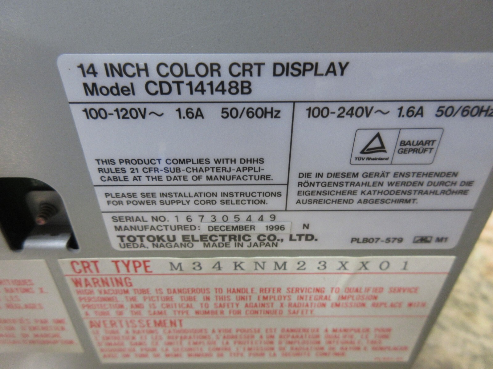 SPECIAL PRICE TOTOKU 14 INCH COLOR CRT DISPLAY CDT14148B M34KNM23XX01 EDM