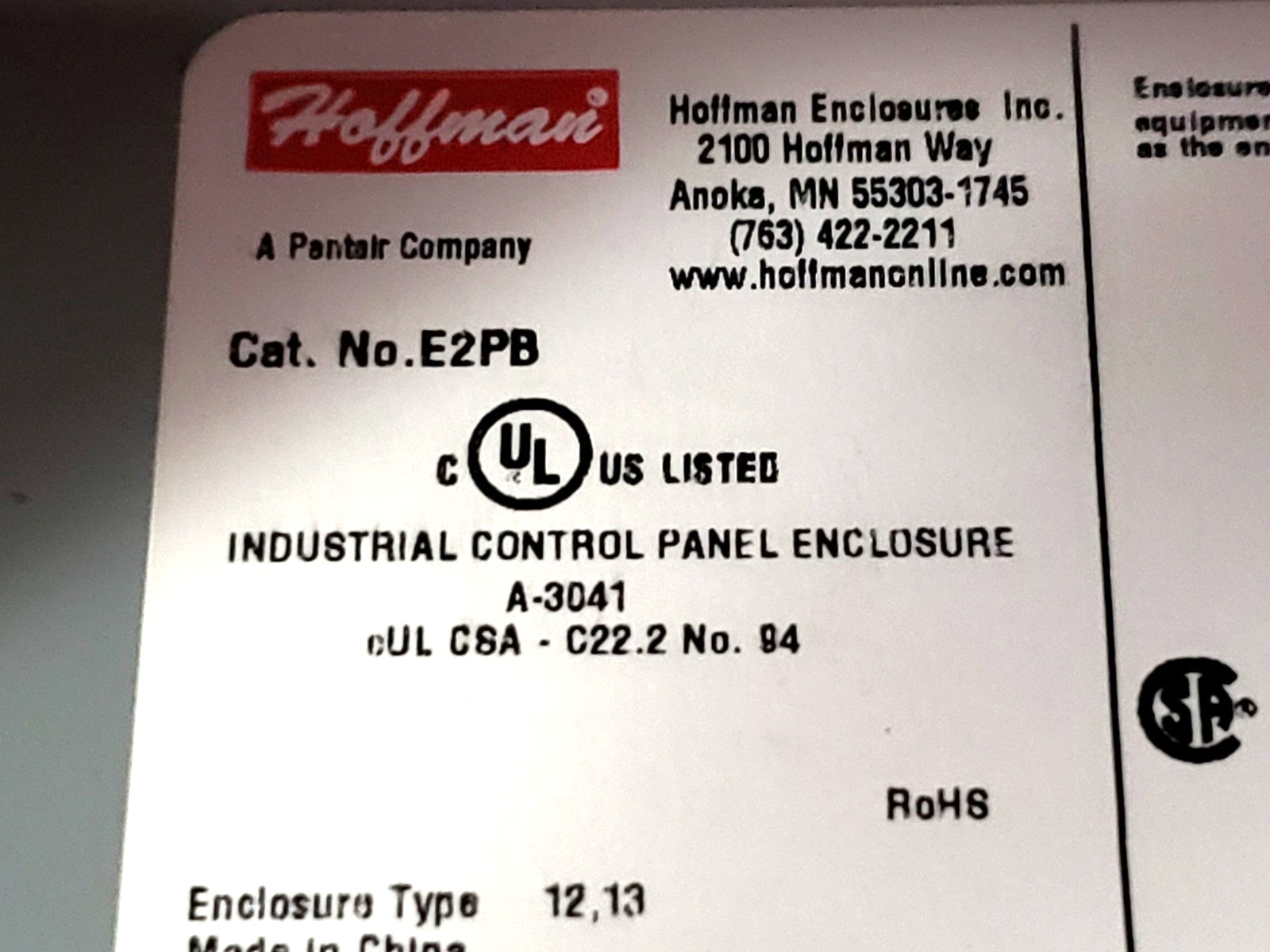 HOFFMAN E2PB CONTROL PUSHBUTTON SWITCH ENCLOSURE 2 HOLE 1.2″ HOLE DIA. STEEL