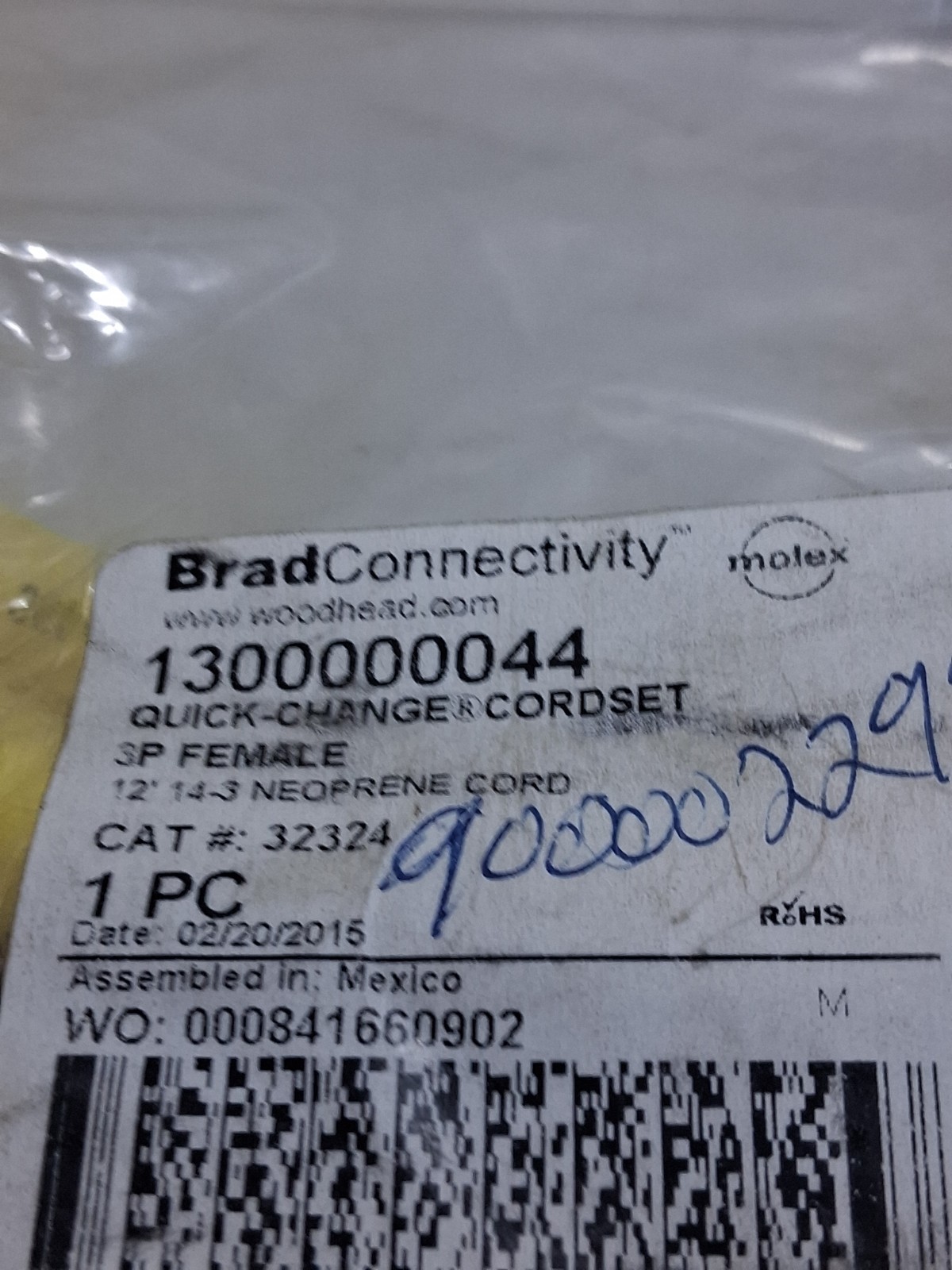 WOODHEAD BRAD CONNECTIVITY 1300000044 CORDSET 3P FEMALE 12′ NEORENE NIB