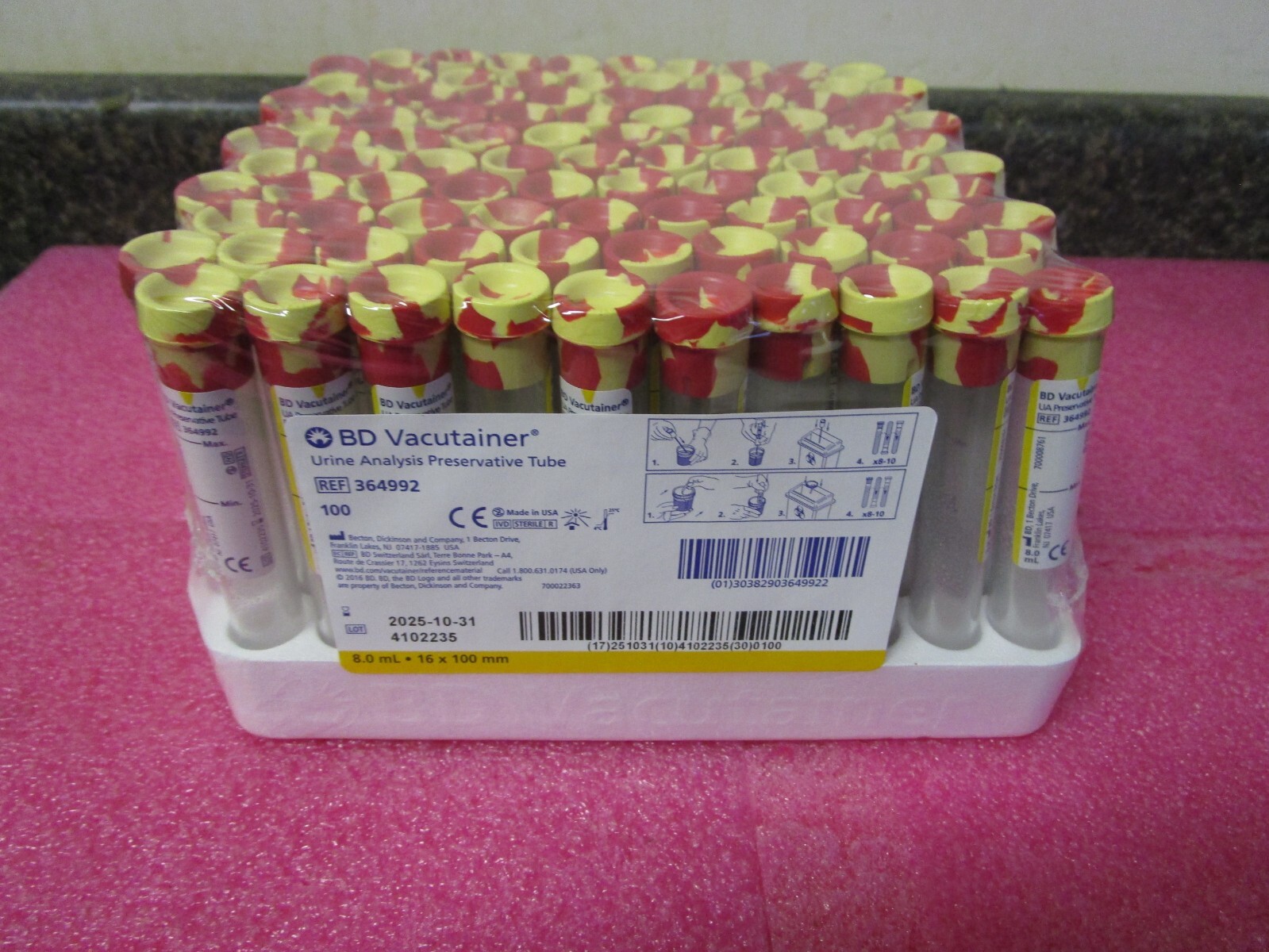 BD Vacutainer REF 364992 8mL Urine Analysis Preservative Tube 100 Pack EX10/2025