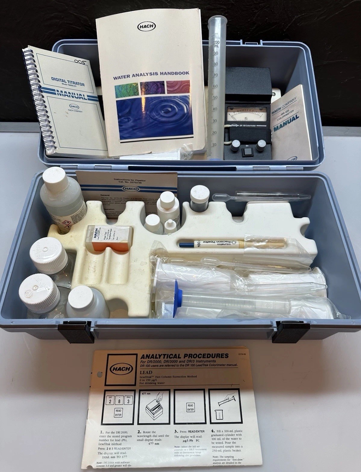 Hach 41100-48 Colorimeter DR 100 With Pipets And Water Analysis Handbook