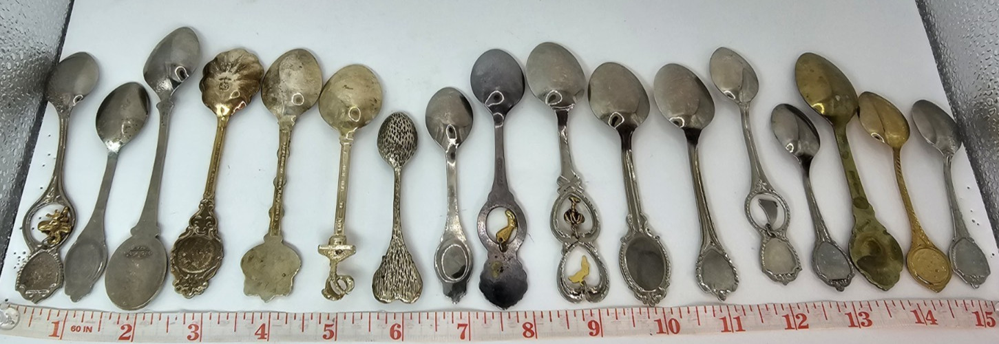 Lot of 18 Souvenir Mini Spoons-States, Places, Countries-Silver Plated, Brass
