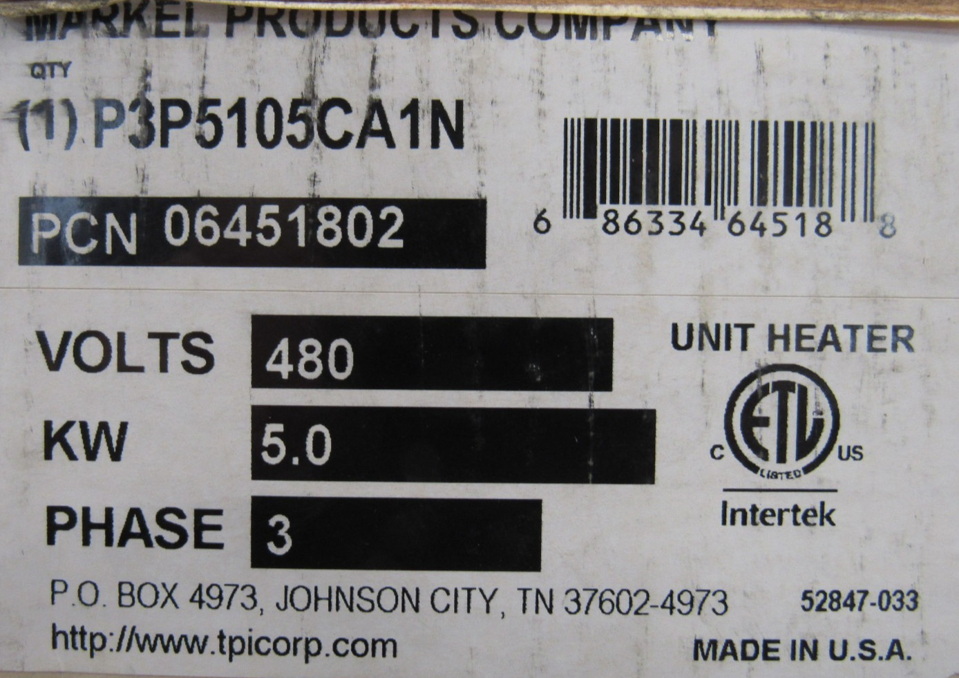 NEW TPI P3P5105CA1N HEATER 480V