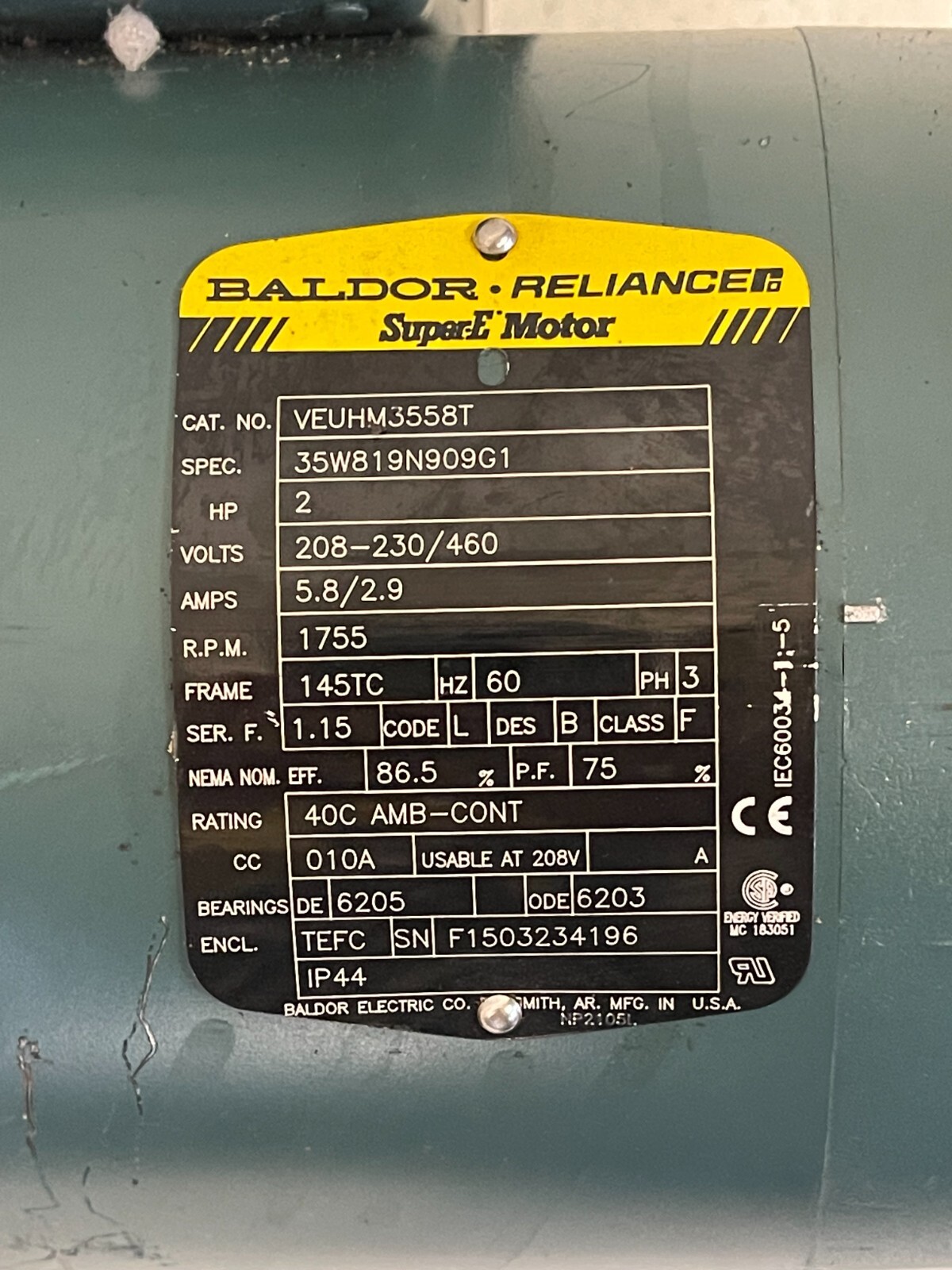 BALDOR RELIANCE SUPER-E MOTOR VEUHM3558T W/TIGEAR 2 GEAR REDUCER 30S15R