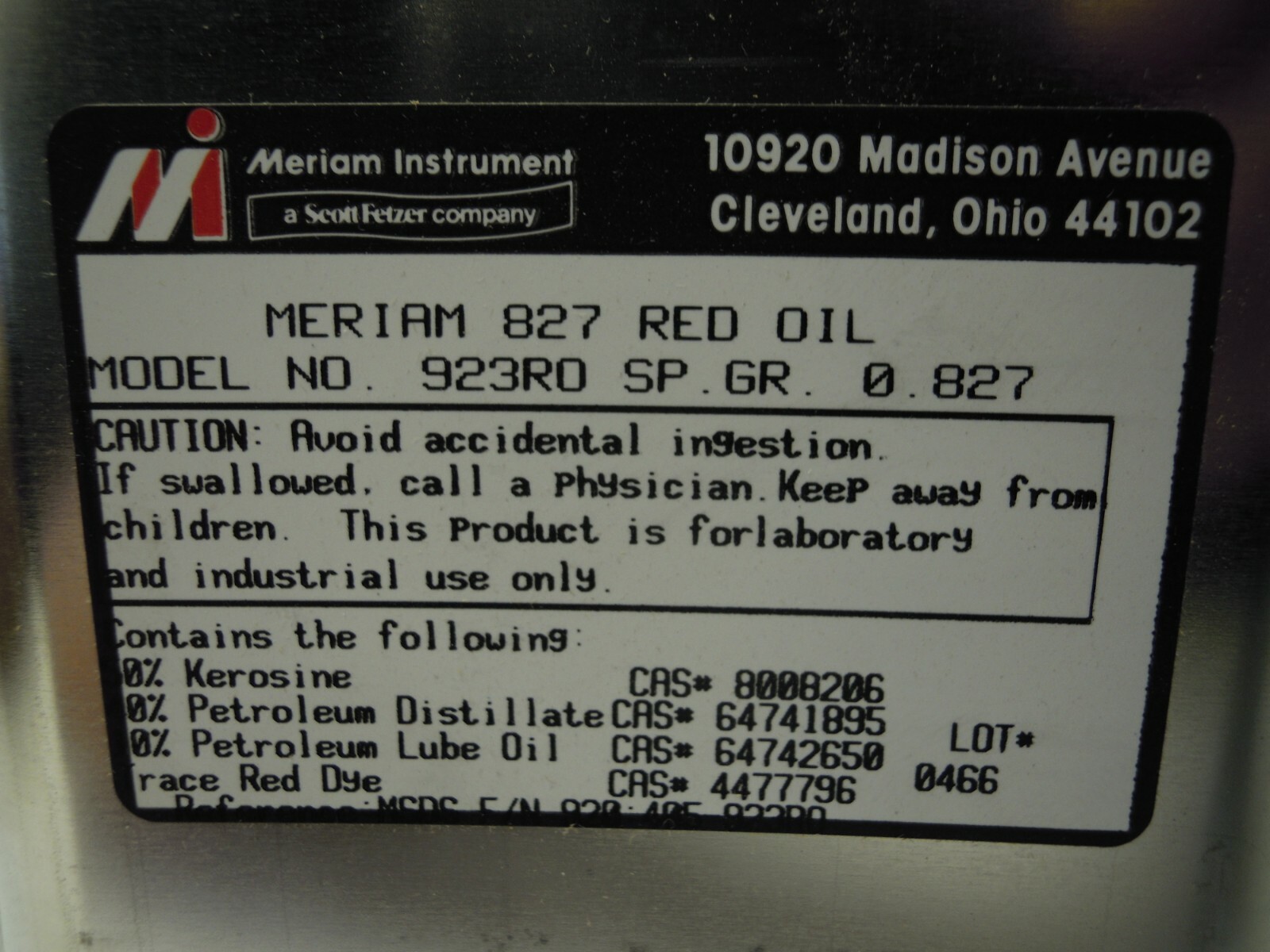 MERIAM INSTRUMENT 923RO-3 RED OIL 827 QUART 1 ***NEW