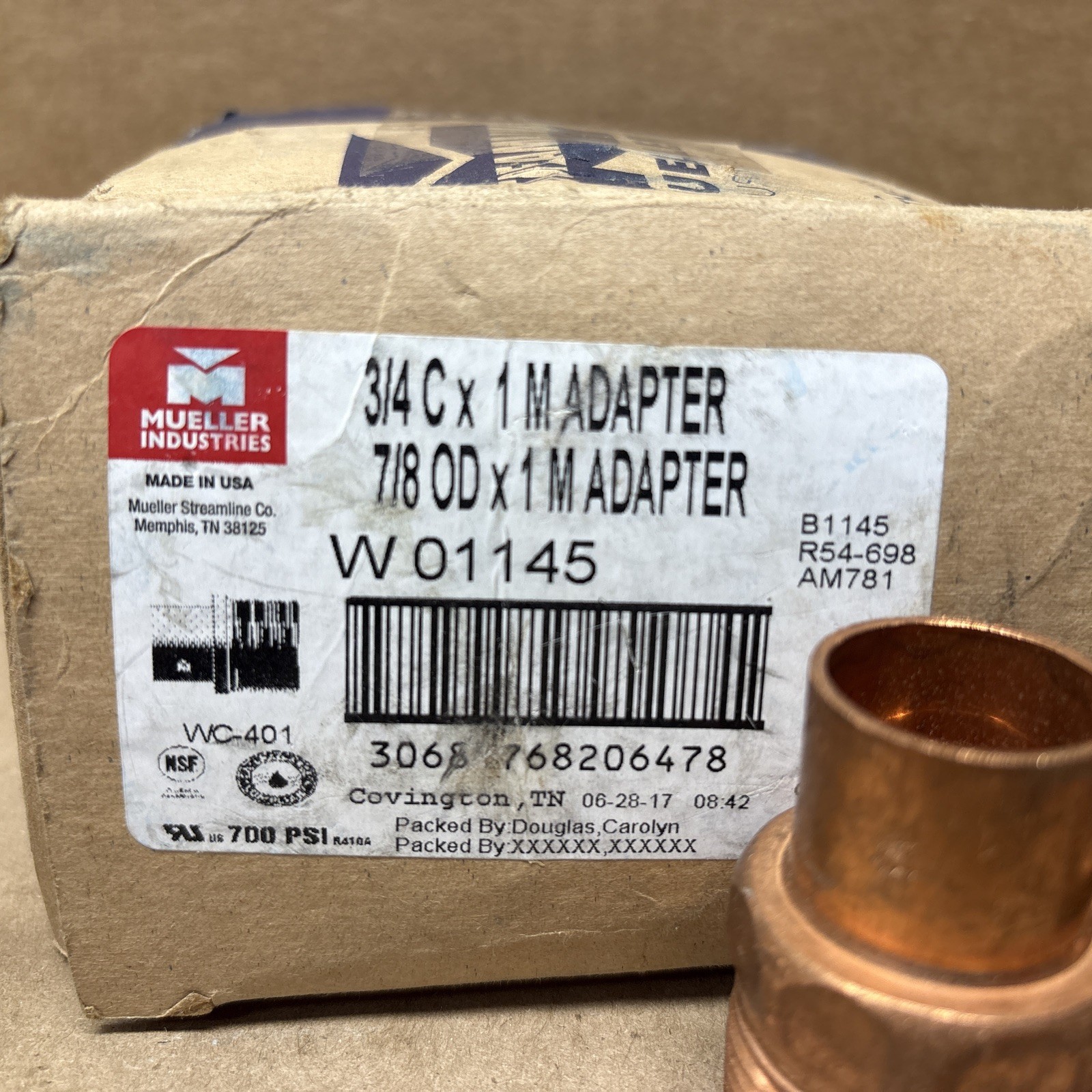 Mueller Industry W01145 Copper Pipe Adapter 7/8 x 1 OD (C x MPT) WC-401 Lot of 3
