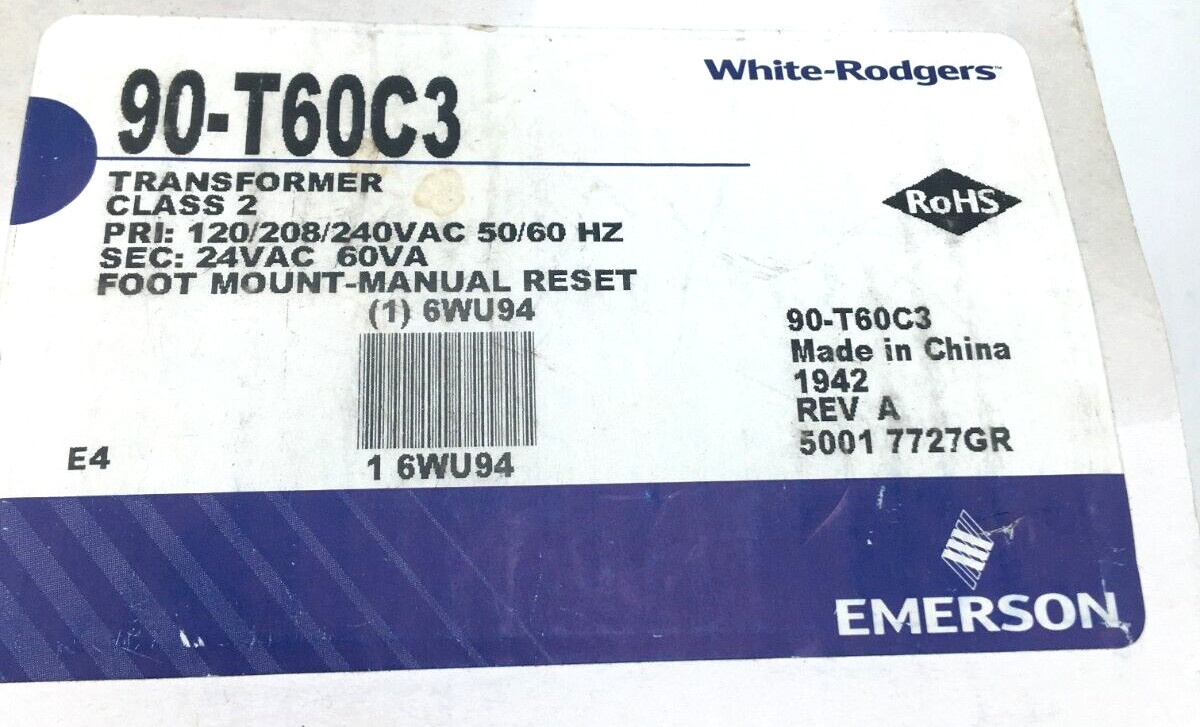 White Rodgers Transformer Class 2 120/208/240AC, 50/60Hz Foot Mount 90-T60C3 NIB