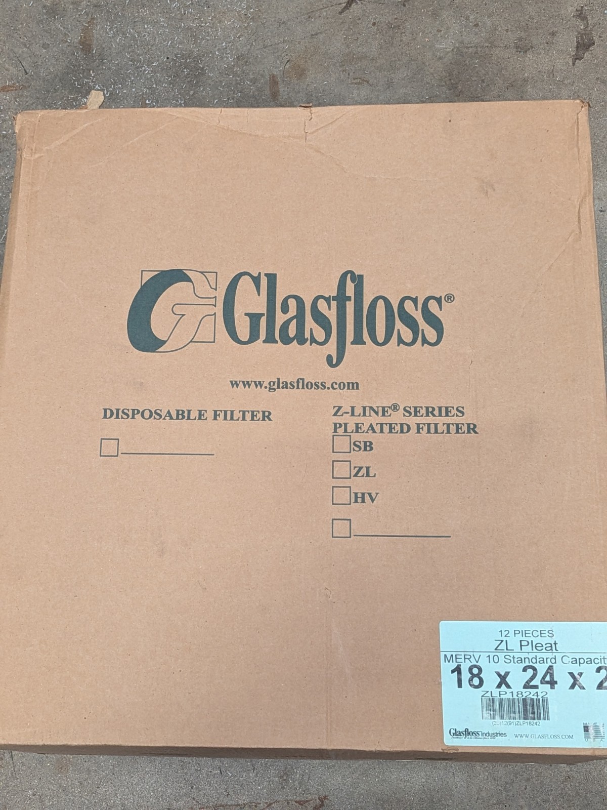 Glasfloss Industries 18x24x2 ZLP18242 Box of 12 ZL Pleat Filters MERV 10