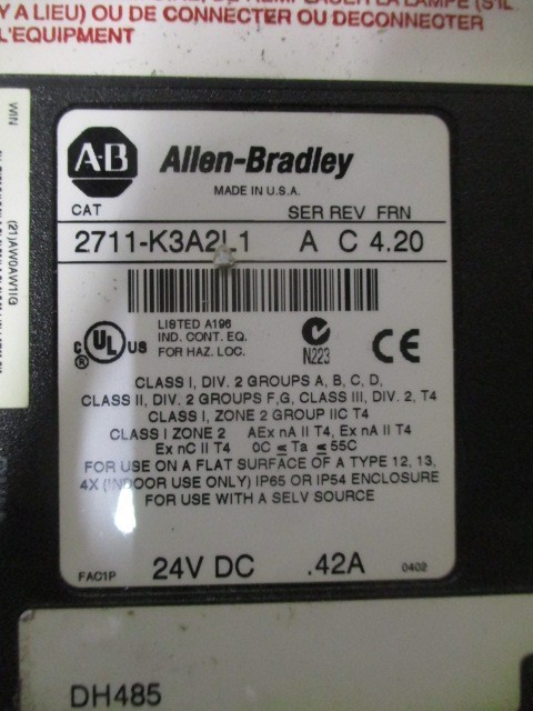 Allen-Bradley 2711-K3A2L1 PanelView 300 Monochrome DH-485 Terminal 24VDC*Tested*