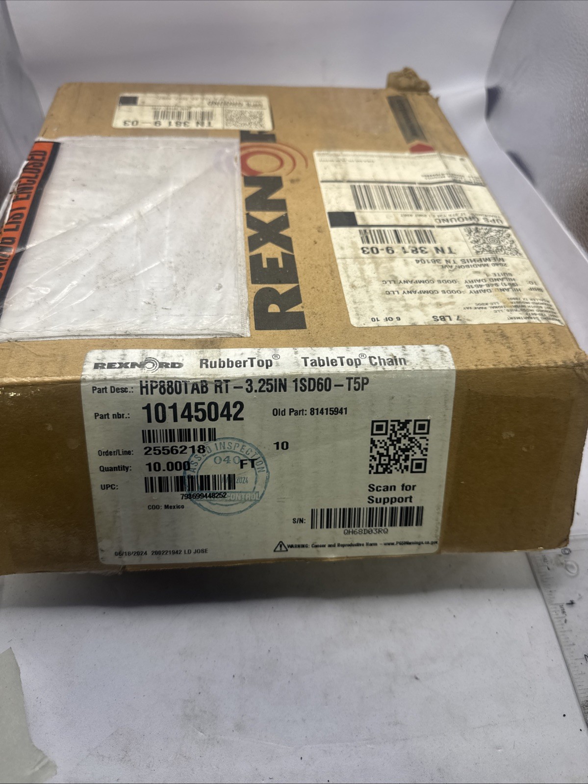 Rexnord HP880TAB RT-3.25IN 10FT RubberTop Conveyor Chain 1.5” Pitch 10145042