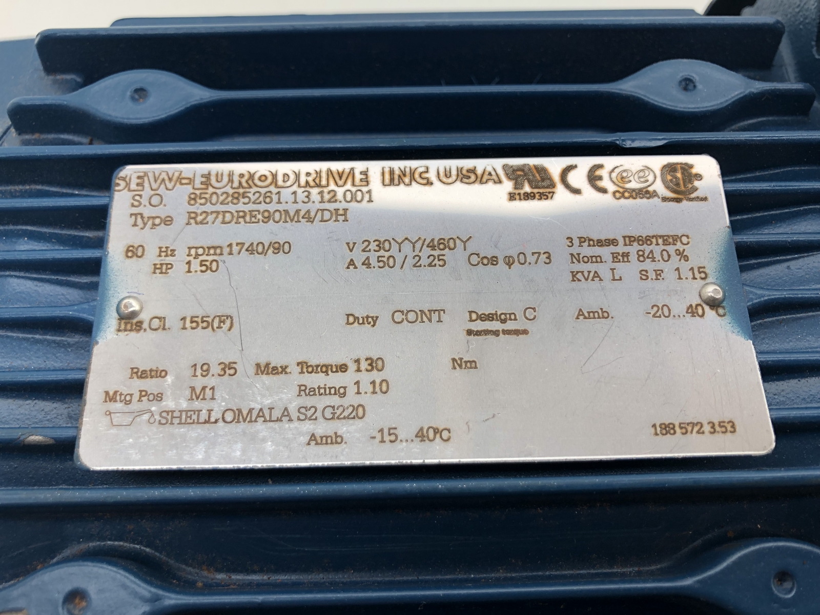SEW EURODRIVE R27DRE90M4/DH AC GEARMOTOR