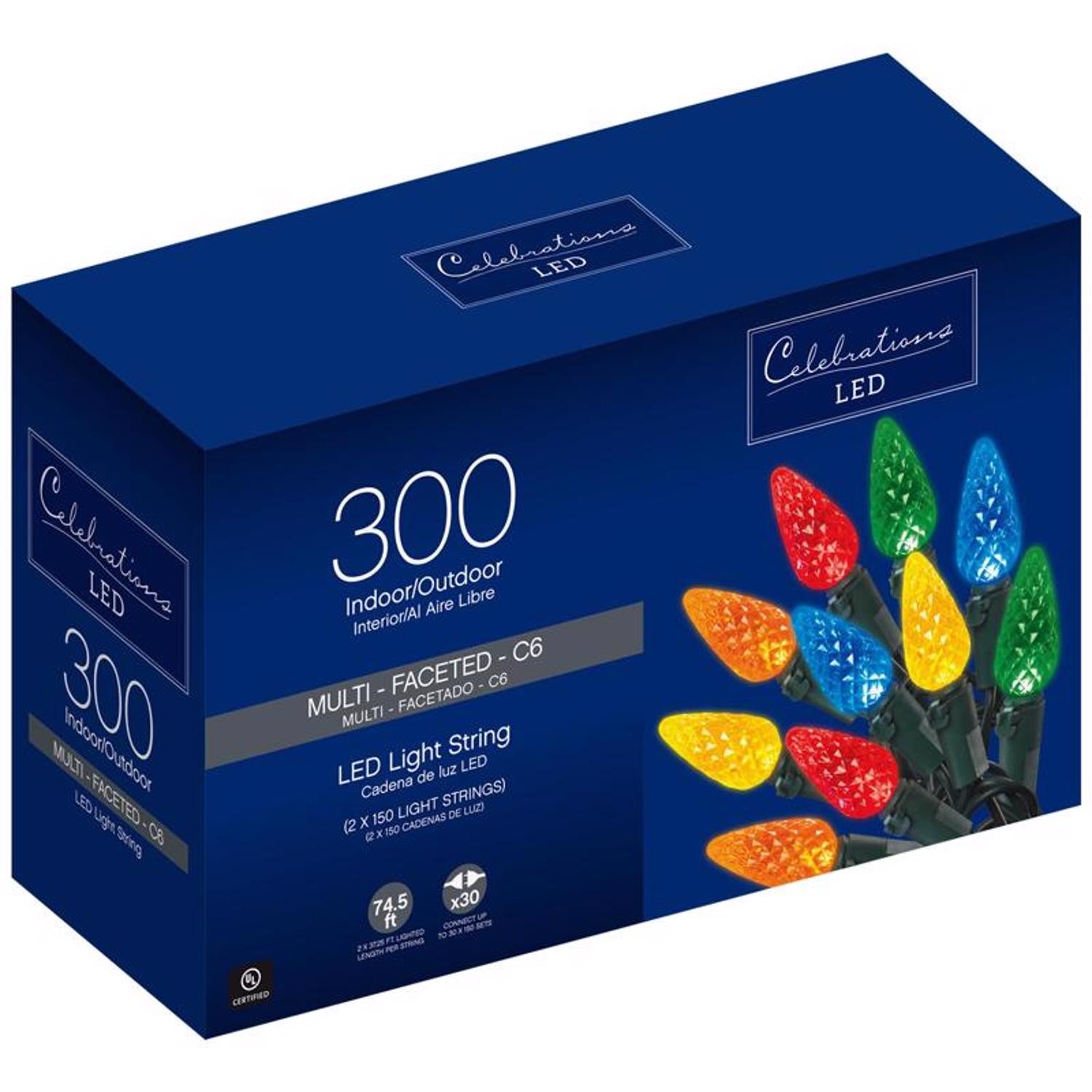 Celebrations Led C6 Multi-Color 300 Count String Christmas Lights 74.5 Ft.