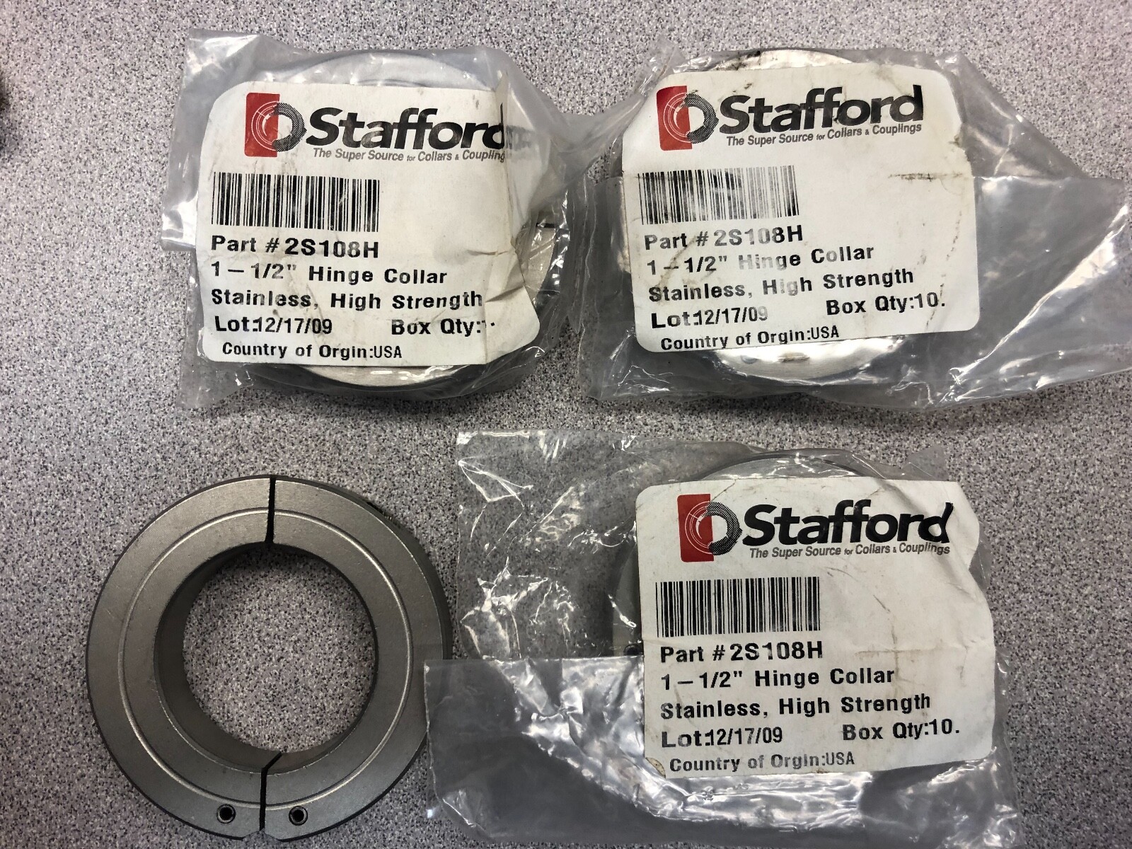 (4)PCS. Stafford 1-1/2 ID Hinge Shaft Collar Stainless , High Strength 2S108H