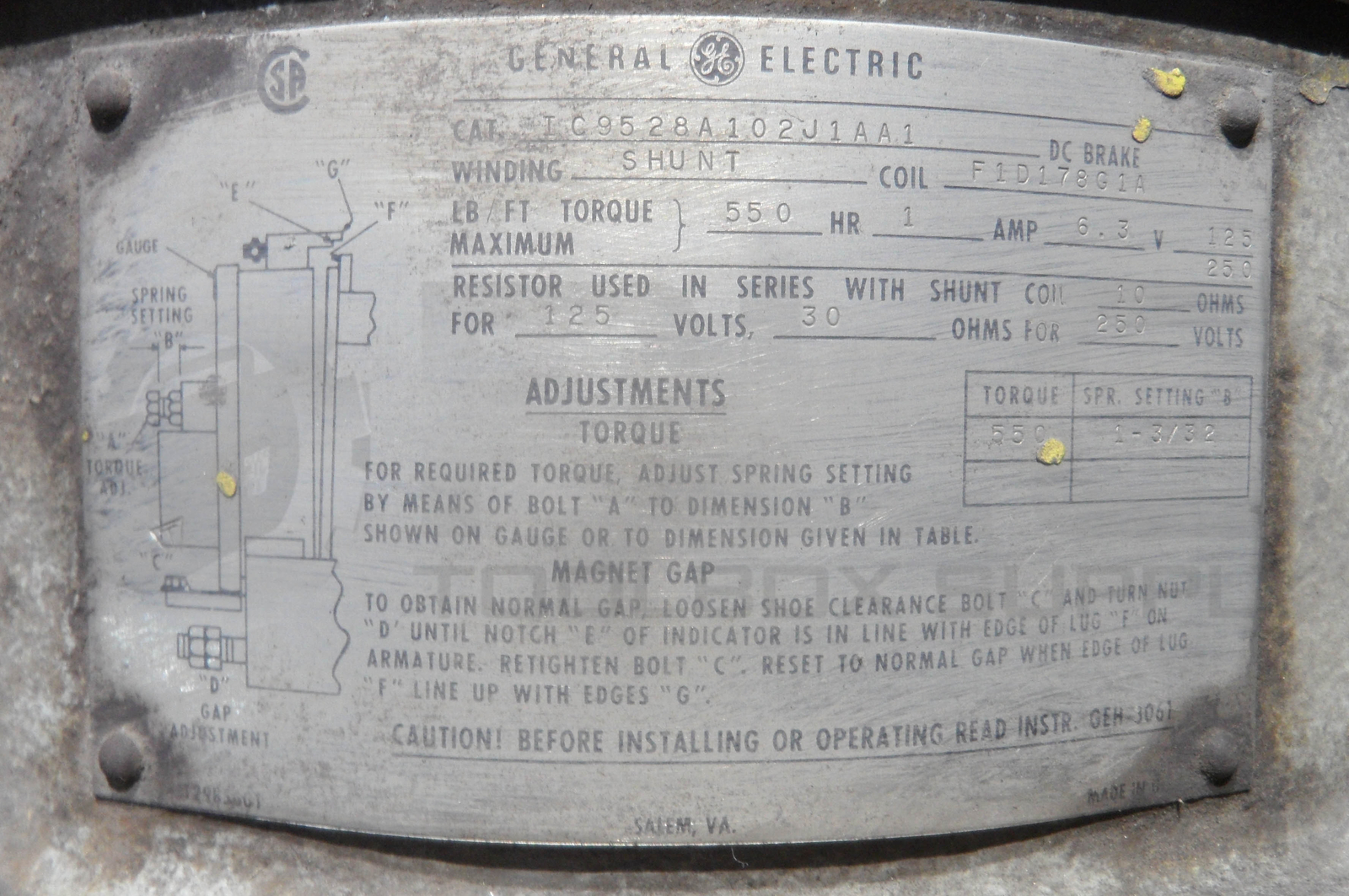 GENERAL ELECTRIC IC9528A102J1AA1 MAGNETIC BRAKE F1D178G1A COIL 550LB/FT 1HR 6.3A