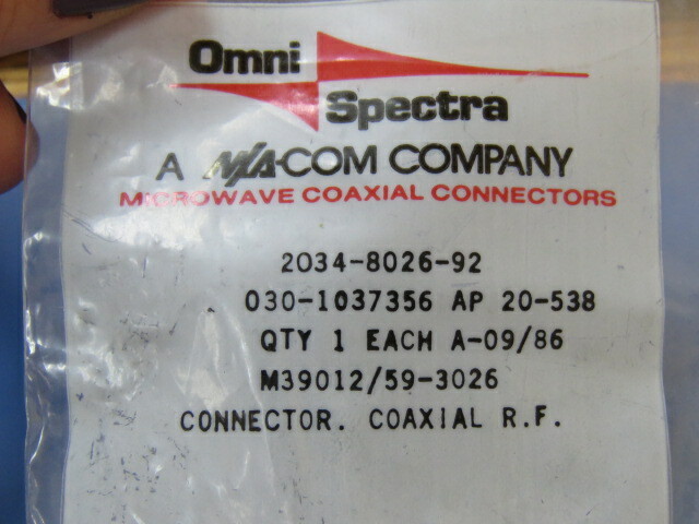 OMNI SPECTRA 2034-8026-92 Qty of 1 per Lot CONN SMA RCP CRIMP ST CABLE MOUNT GO