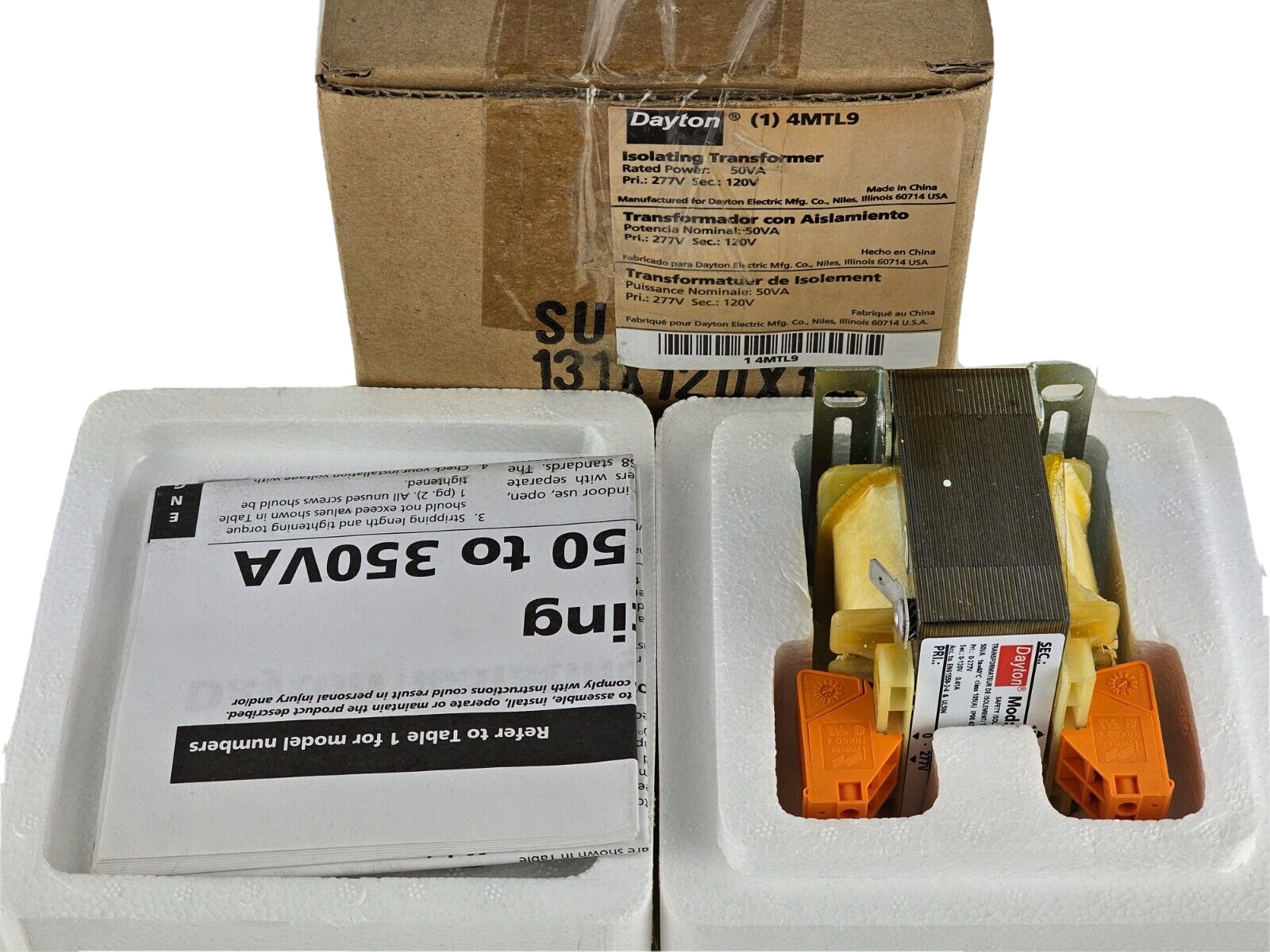 Dayton 4MTL9 Isolating Control Transformer, 50VA, 277VAC In, 120VAC Out NEW