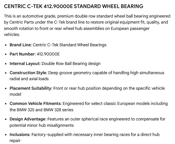 1 NEW CTEK 412.90000E STANDARD REAR FRONT WHEEL BEARING ***MAKE OFFER***