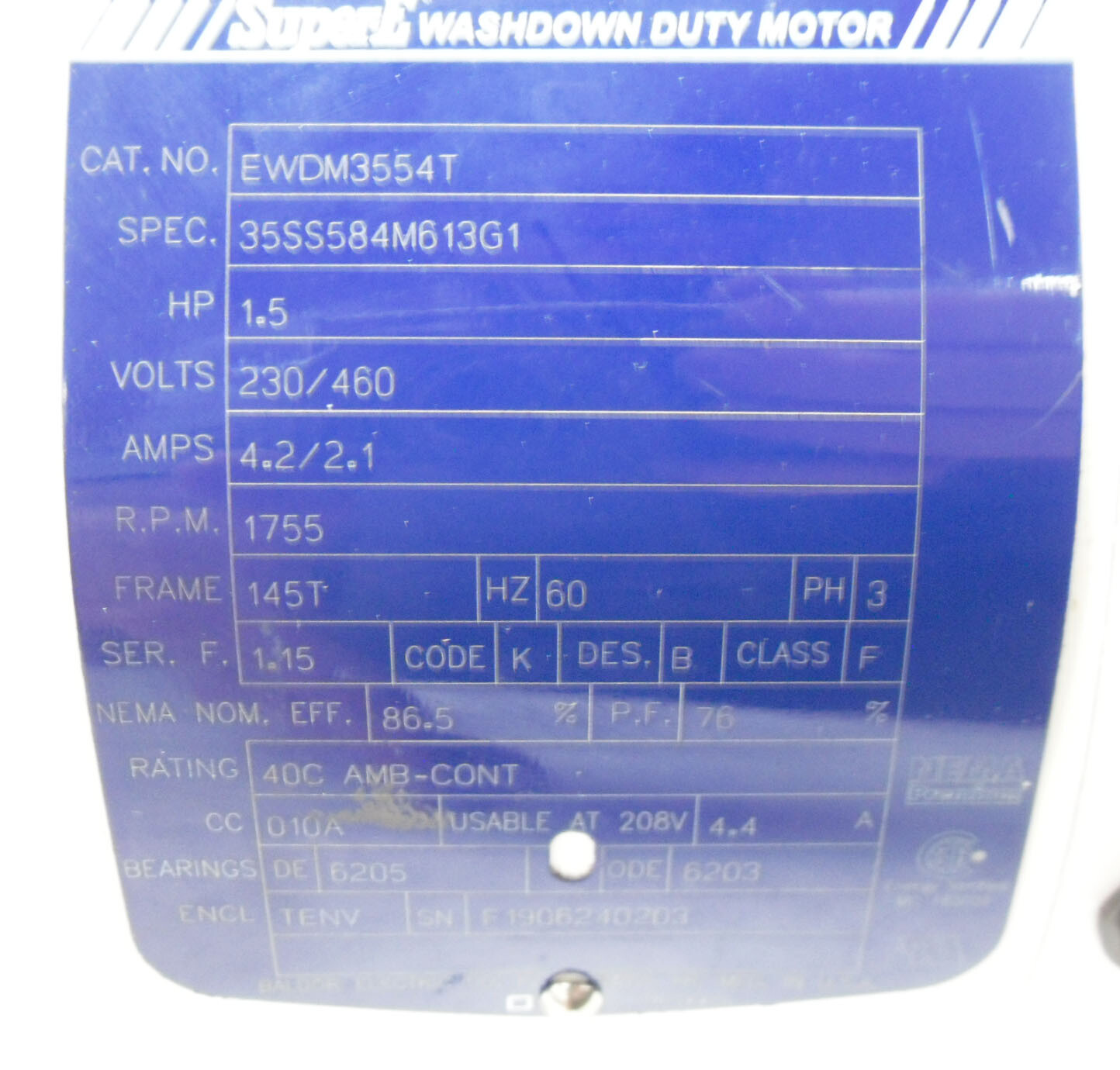 BALDOR EWDM3554T MOTOR 1.5HP 1755RPM FR: 145T