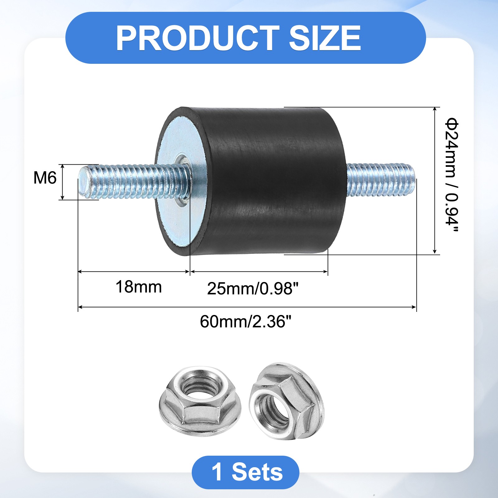 M6 x 18mm Rubber Mounts, 25 x 24mm Rubber Vibration Isolator with Nuts