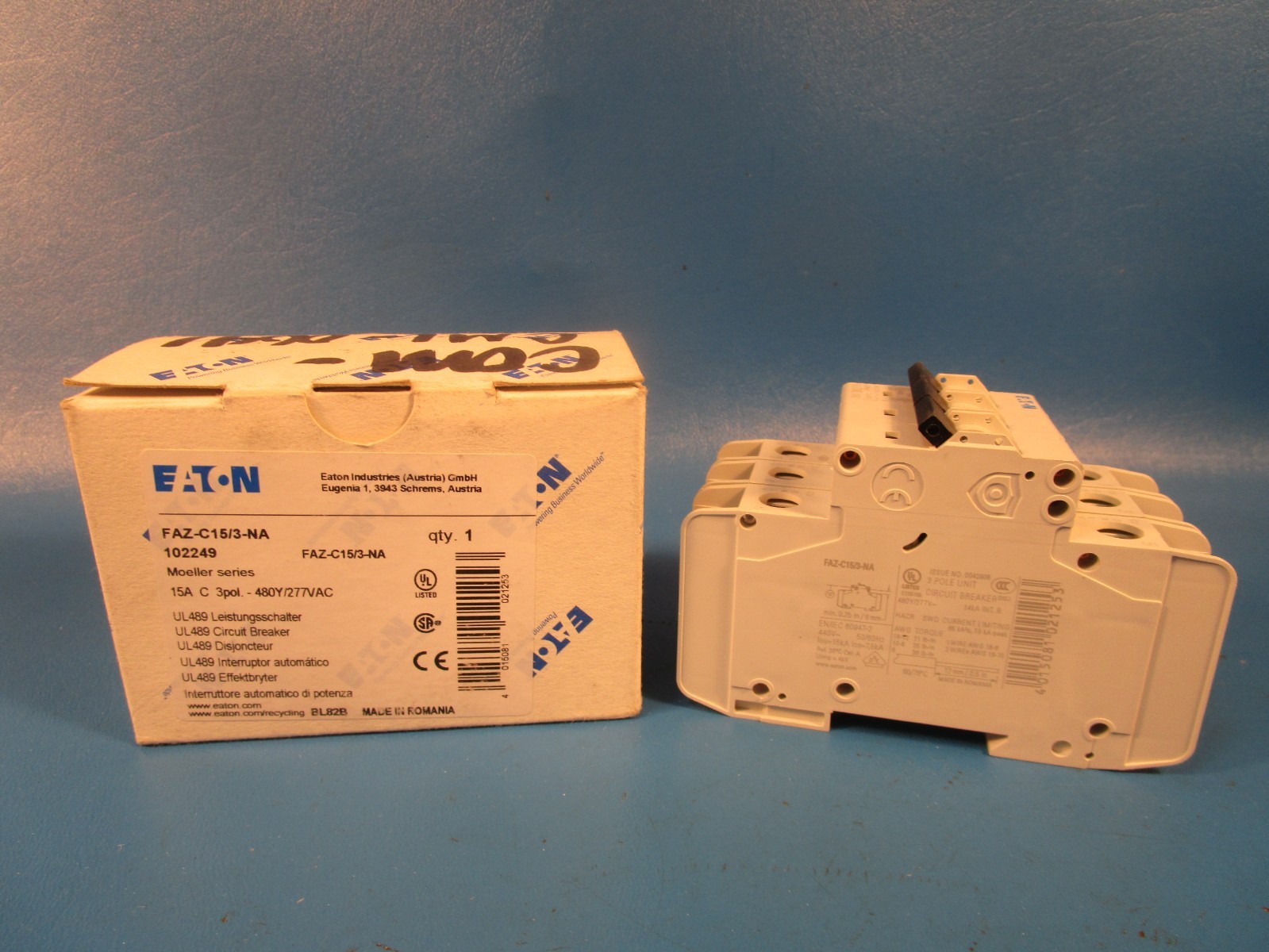 EATON FAZ-C15/3-NA, CIRCUIT BREAKER, THERMAL MAGNETIC, 14 KA, 15 AMP, 3 POLE, 27