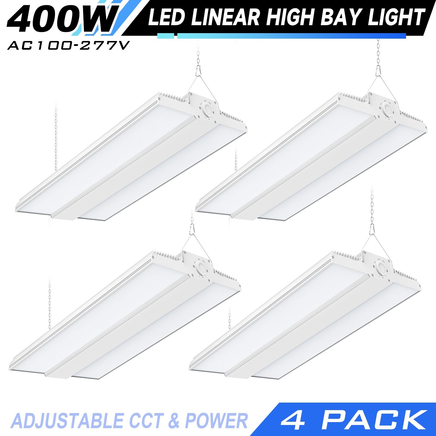 4 PACK 400W LED Linear High Bay Light Adjustable Warehouse Shop Light 4.5/5/5.7K