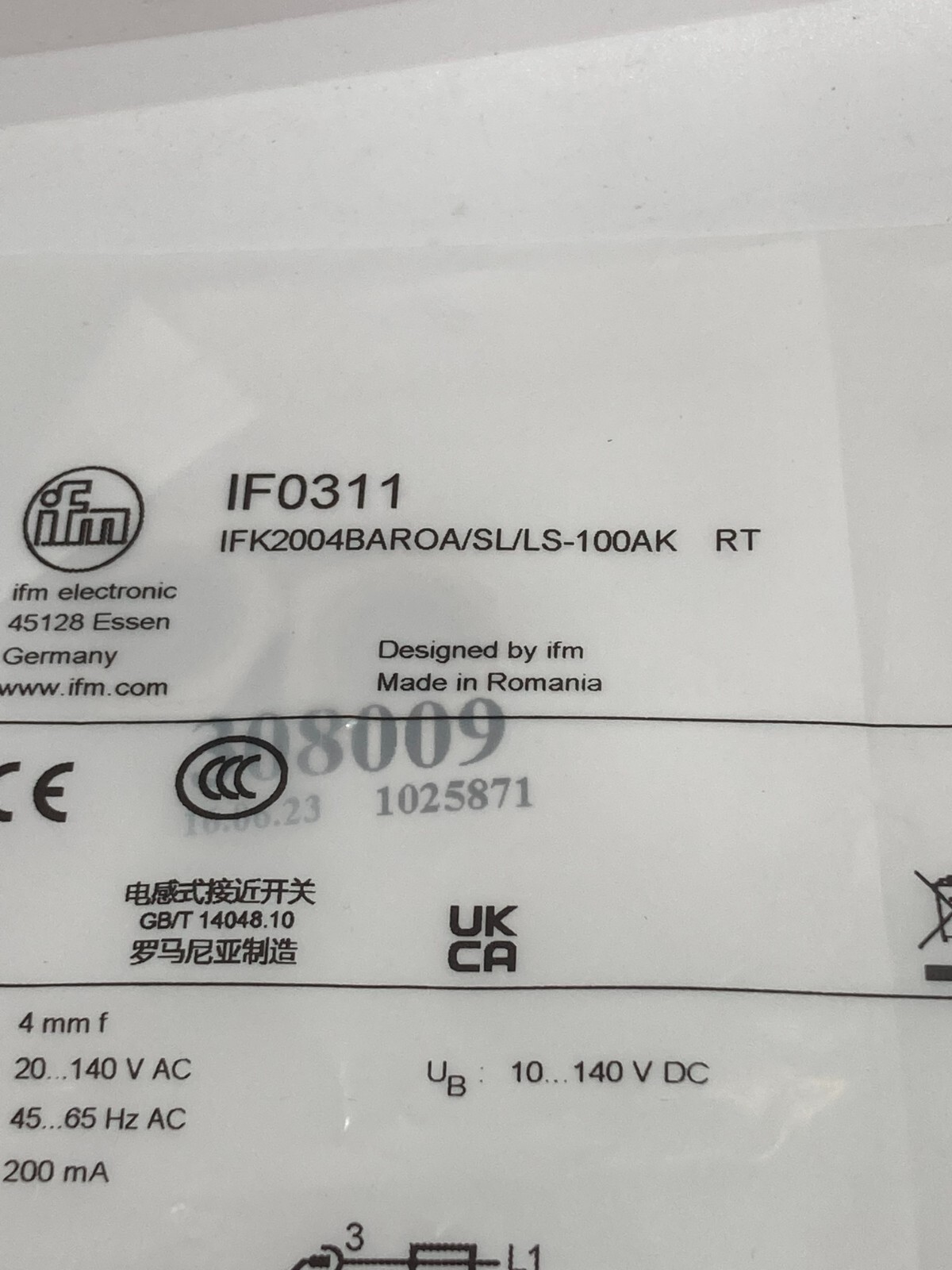 IFM IFK2004BAROA/SL/LS-100AK (IF0311) INDUCTIVE SENSOR 4MM SEN 20-140VAC NIB