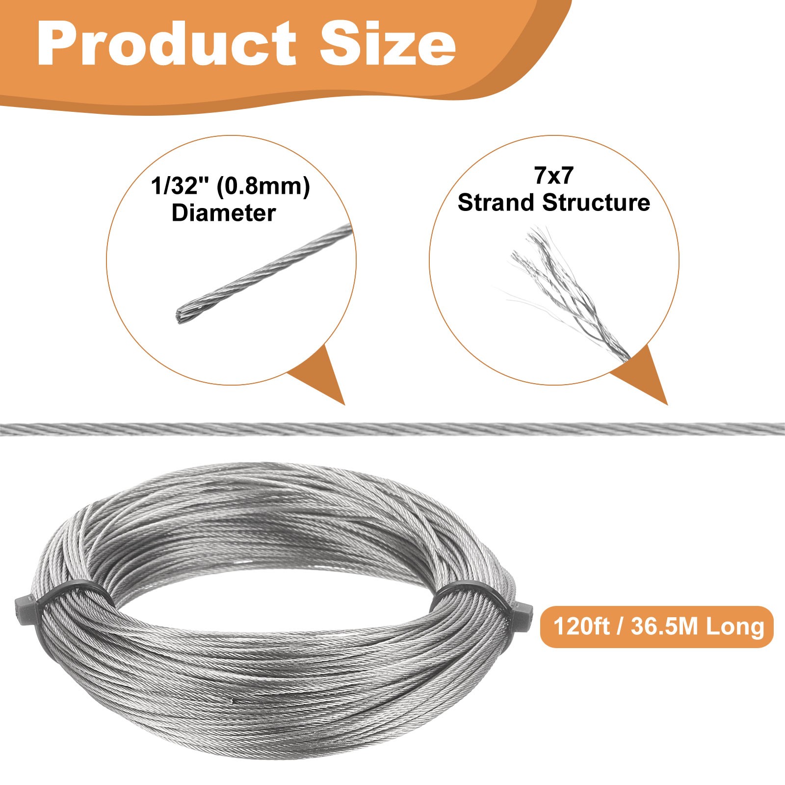 120ft (36.5M) 0.8mm Stainless Steel Wire Rope 7×7 Strand with 20pcs Loop Sleeves