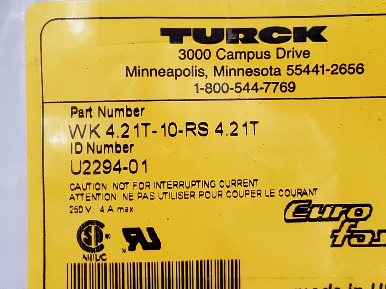 TURCK WK 4.2 1T-10-RS 4.21T EUROFAST MOLDED CORDSET 5 PIN (U2294-01) NIB