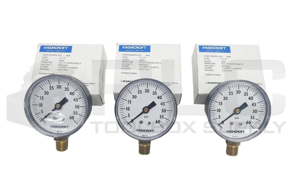 LOT OF 3 NEW ASHCROFT 25W1005PH 02L 60# GAUGE SIZE: 2-1/2, 1/4NPT 0-60PSI